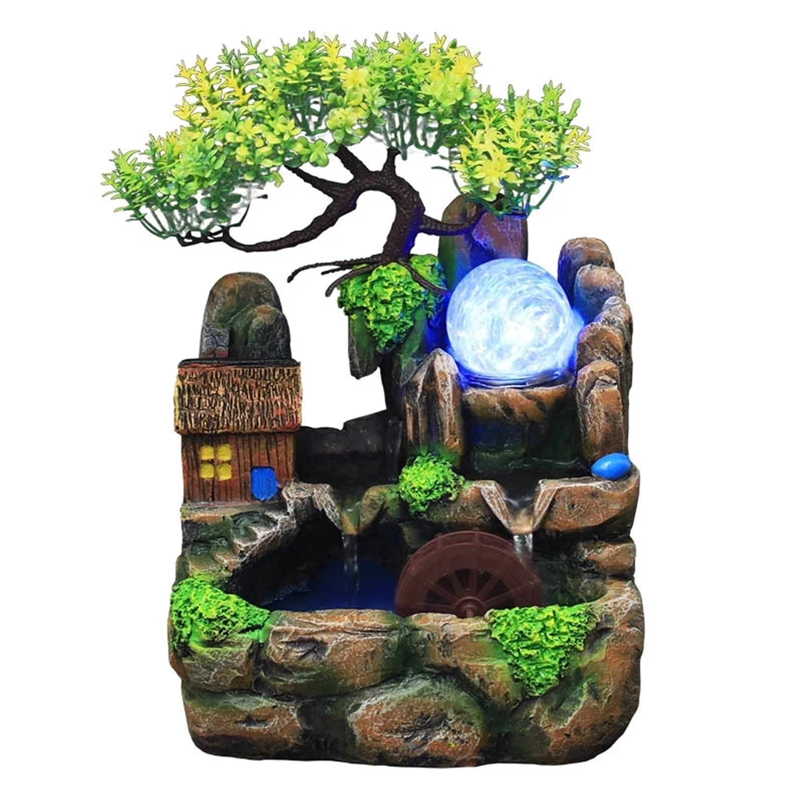 Desktop Waterfall Fountain with LED Lights - Resin Rockery Flowing Water Feature, Feng Shui Lucky Wheel for Office & Home Decor - Perfect for Stress Relief, Meditation Spaces & Zen Home Décor