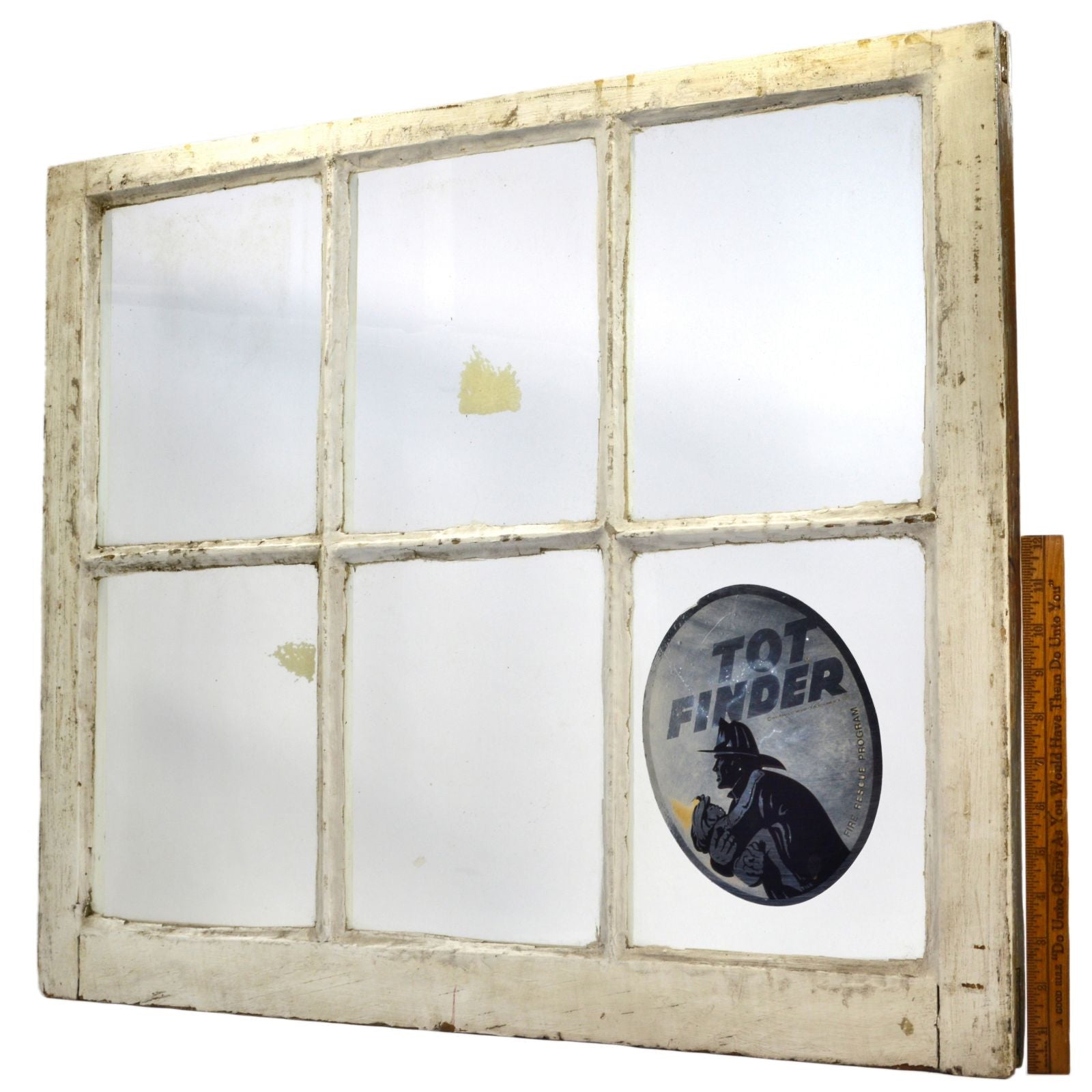 Vintage 6-Pane Salvaged Wood Window with Original White Paint & 1972 Tot Finder Sticker - Perfect for Farmhouse Decor, DIY Projects, and Rustic Home Renovations