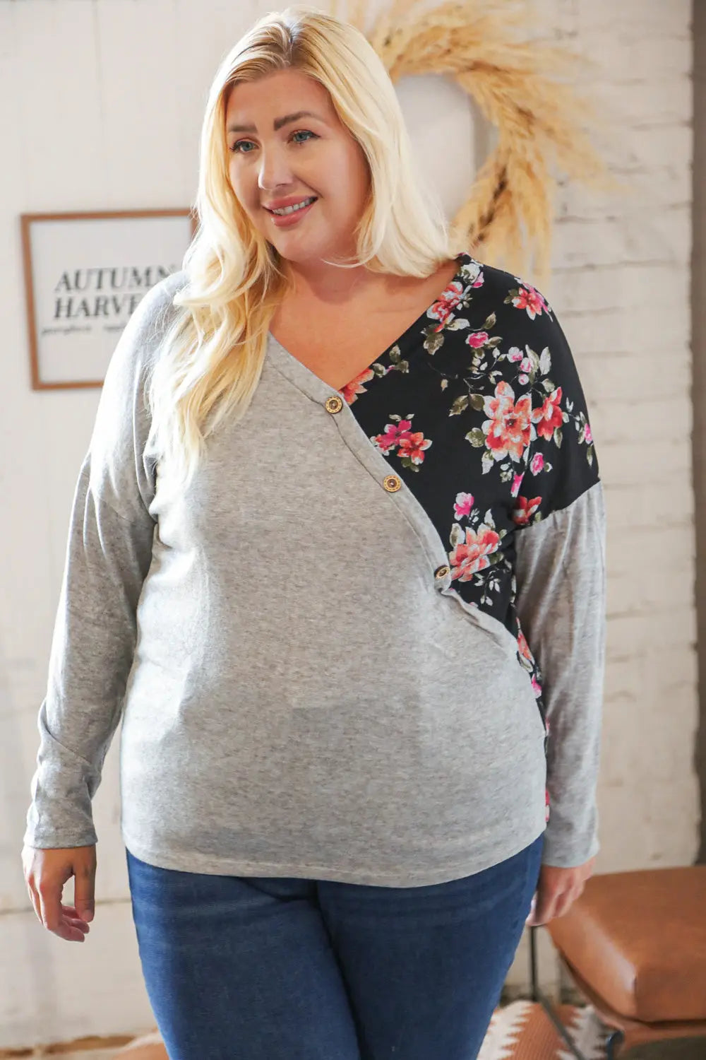 Elegant Grey & Black Floral Surplice Button Knit Top for Women - Casual Chic Blouse for Office, Date Night & Spring Outfits