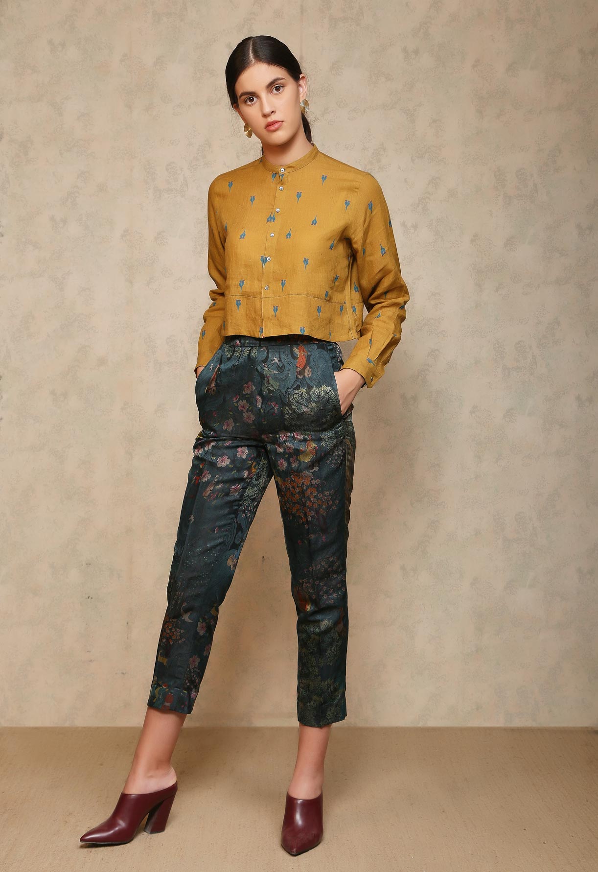 Mustard Linen Cropped Shirt for Women - Summer Boho Tops for Casual Outings & Beach Vacations