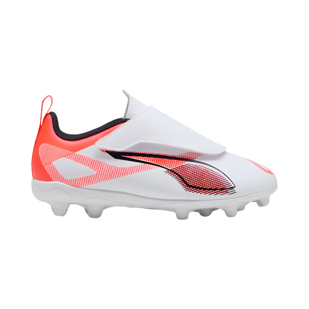 Puma Ultra 5 Play Velcro FG/AG Junior Football Boots for Kids - White/Black/Glowing Red - Lightweight Soccer Cleats for Youth Training & Matches on Firm Ground & Artificial Turf