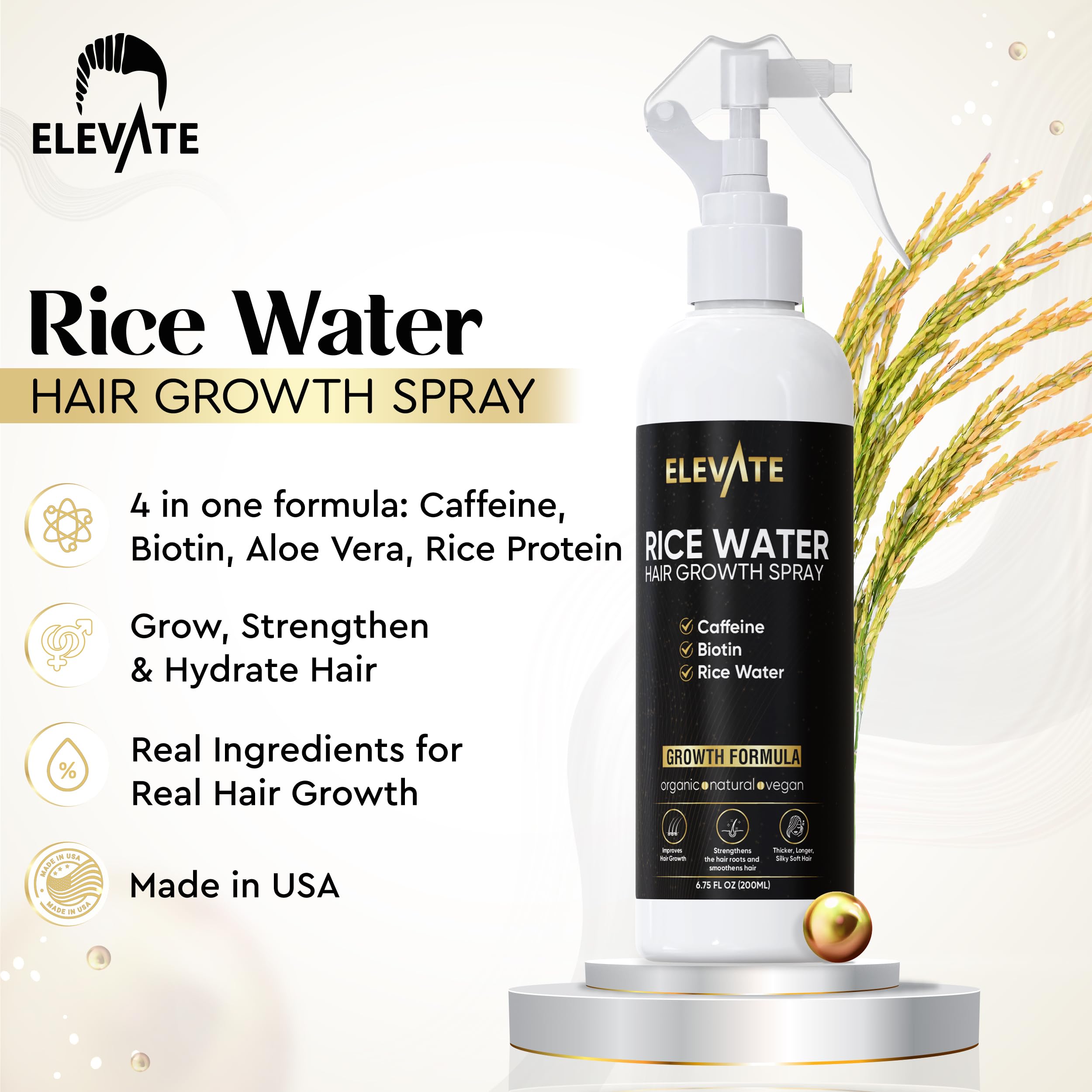 Elevate Rice Water Hair Growth Spray with Biotin, Caffeine & Aloe Vera - Thickening & Nourishing Leave-In Treatment for Thinning, Damaged Hair - Vegan, Non-Greasy Formula for Longer, Softer Locks - Perfect for Daily Hair Care Routine & Styling