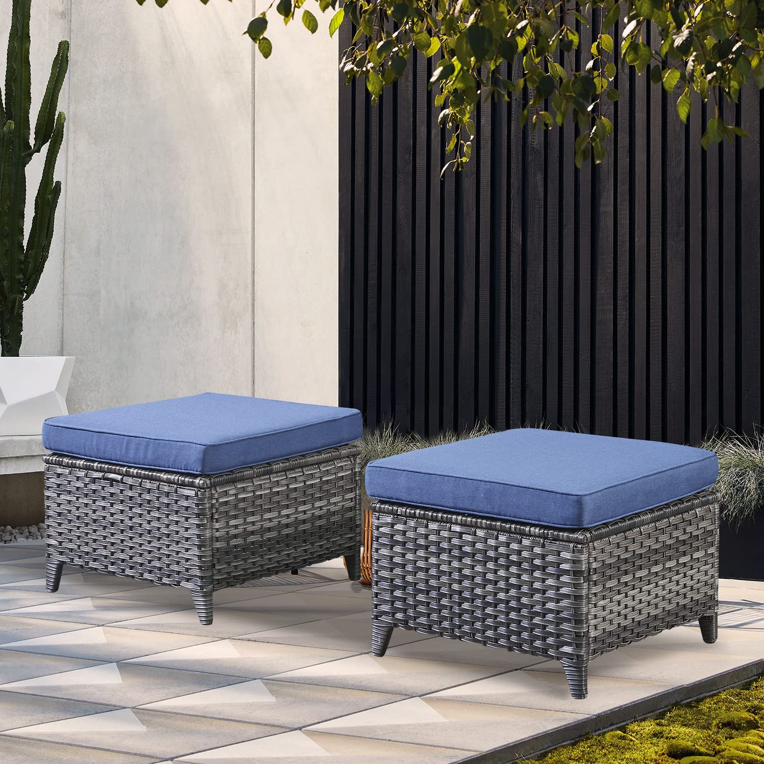 All-Weather Outdoor Furniture Ottoman Set of 2 - Patio Seating Footstool with Soft Cushions, Rattan Wicker Design - Perfect for Garden, Deck, Poolside & Backyard Relaxation