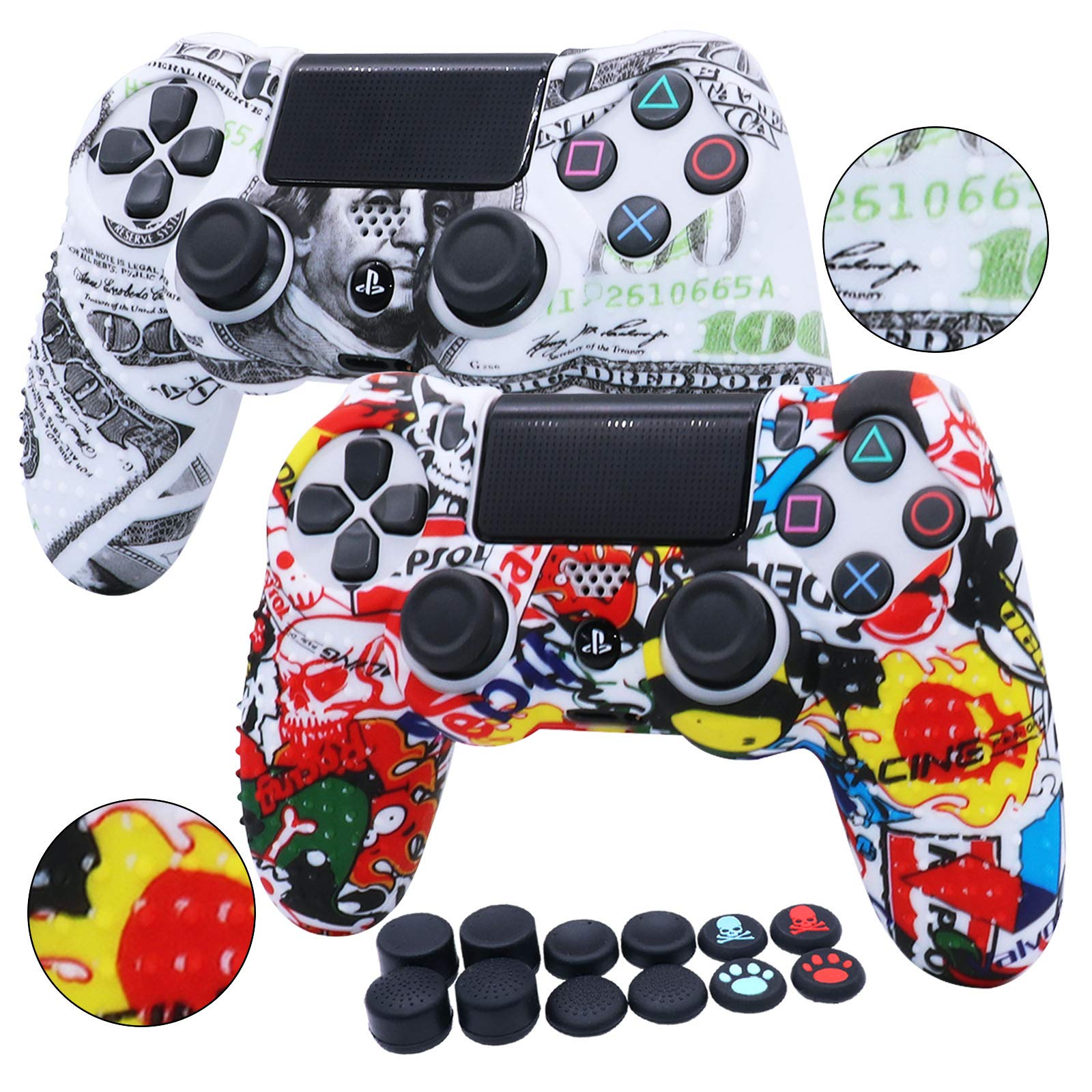 Premium RALAN Anti-Slip Silicone Controller Cover for PS4/PS4 Slim/PS4 Pro - Includes 8 Black Pro Thumb Grips & 2 Cat/Skull Cap Covers - Enhanced Grip for Gaming, Streaming & Esports