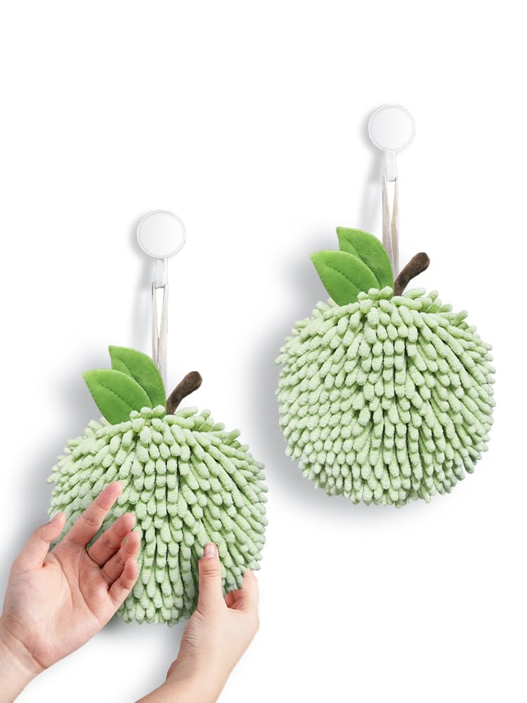 Sophie & Panda Fuzzy Ball Hand Towels (Set of 2) - Super Absorbent Creative Fruit Themed Bathroom Towels for Instant Drying - Green Apple Design - Perfect for Kitchen, Bathroom & Guest Use