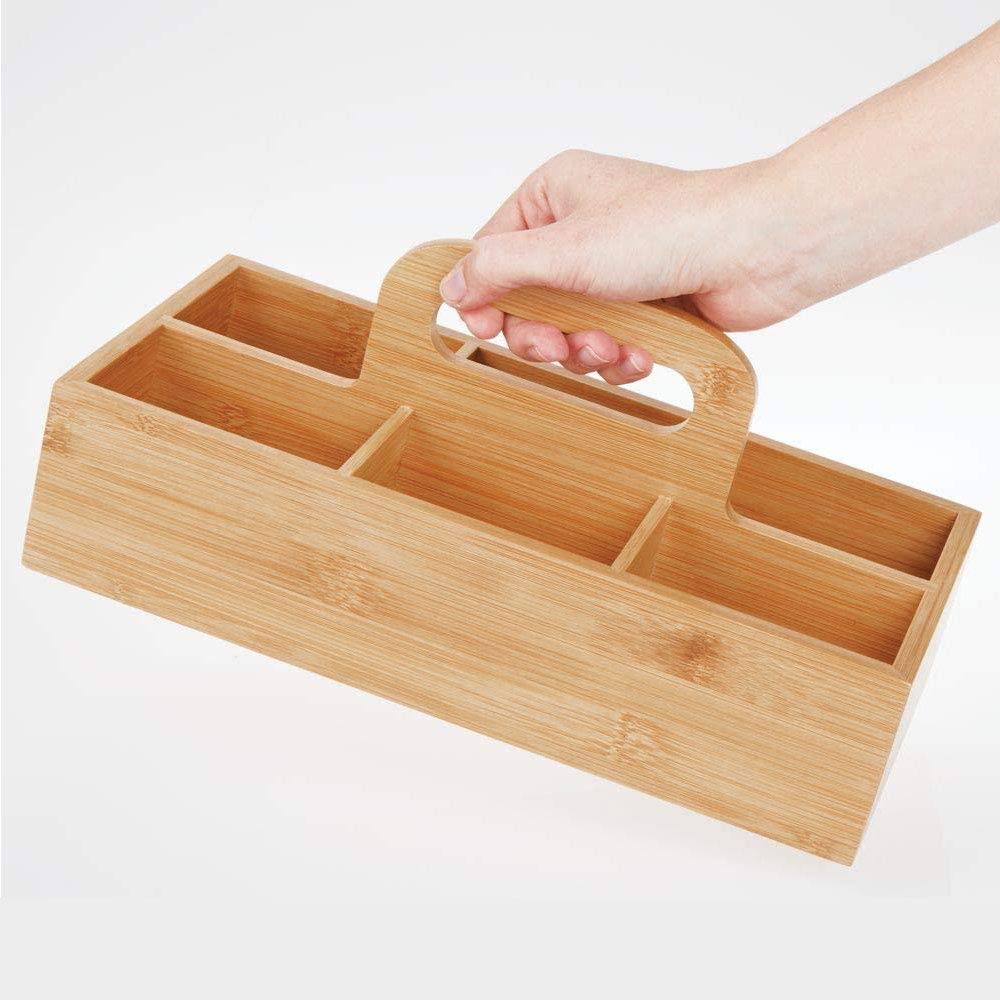 Natural Bamboo Organizer with Handle - 6 Compartments for Kitchen, Bathroom, Cosmetics, Crafts & Office Supplies | Perfect for Home Organization & Storage Solutions