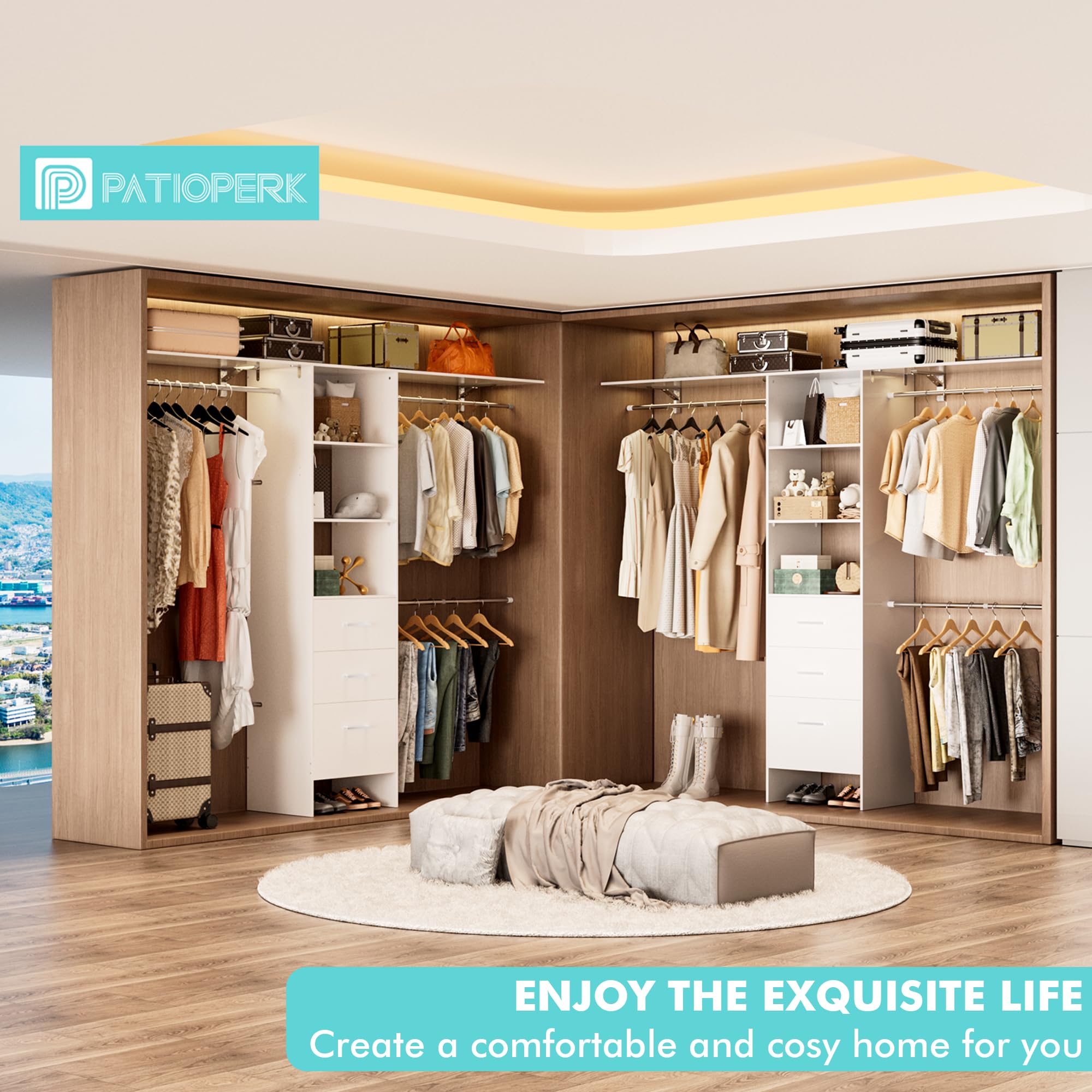 8FT Walk-In Closet Organizer System with 3 Shelving Towers & Drawers - 96