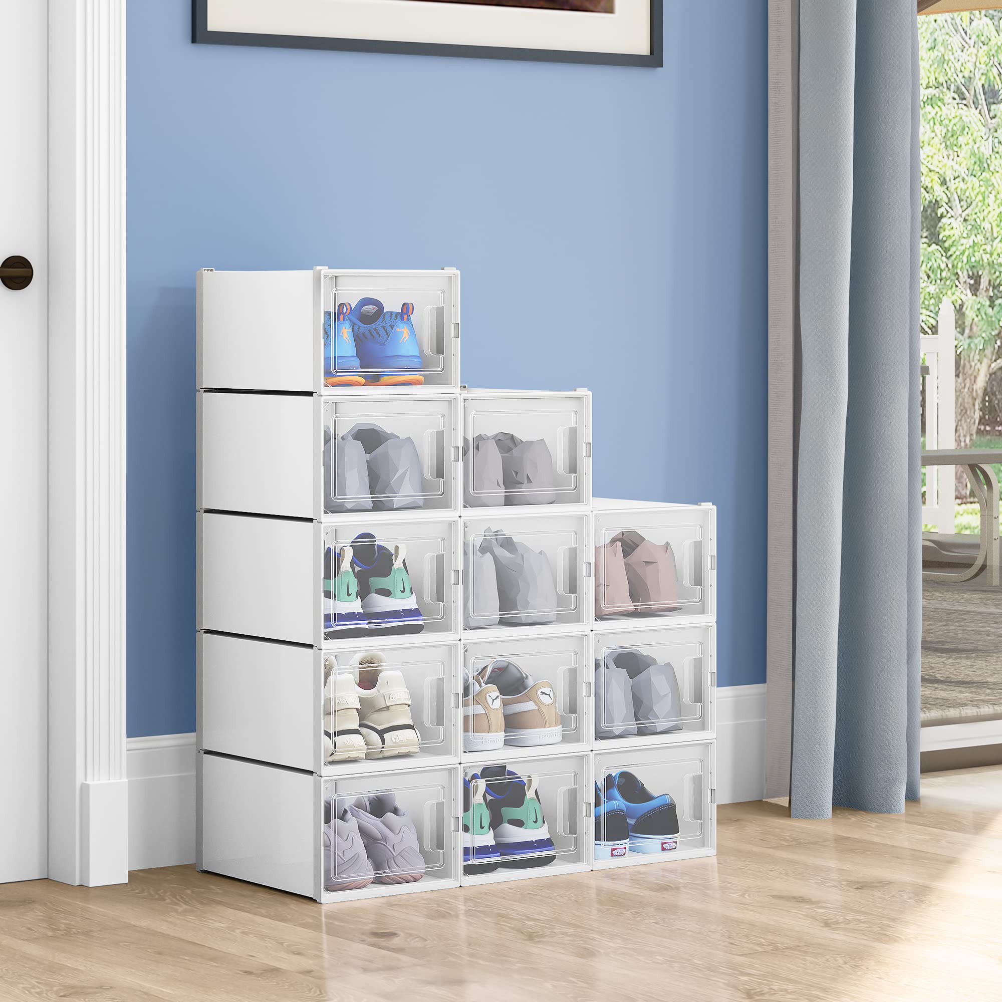 YITAHOME 12-Pack Clear Stackable Shoe Storage Boxes - Medium Size (13.8”L x 9.8”W x 7.3”H) - White Plastic Shoe Organizer Drawers for Closet, Entryway & Underbed Storage