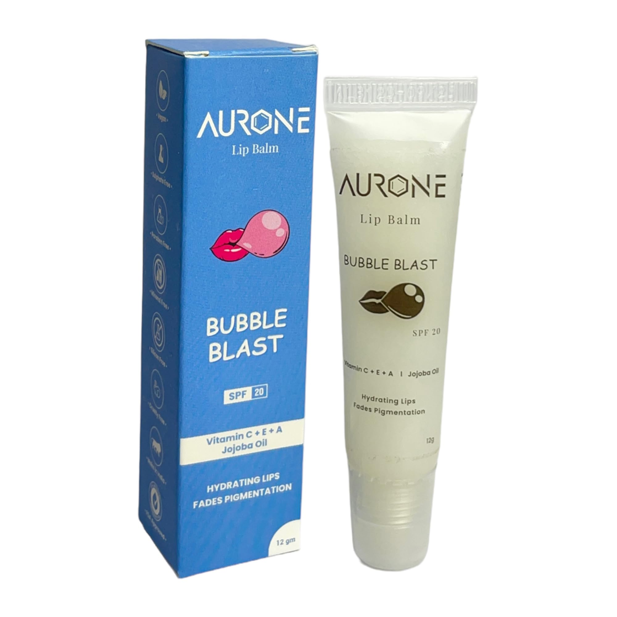 Aurone Bubble Blast Lip Balm with SPF 20 & Vitamin C+E+A - Moisturizing, Healing & Dark Lip Lightening Treatment (12g) - Perfect for Dry, Chapped Lips & Sun Protection