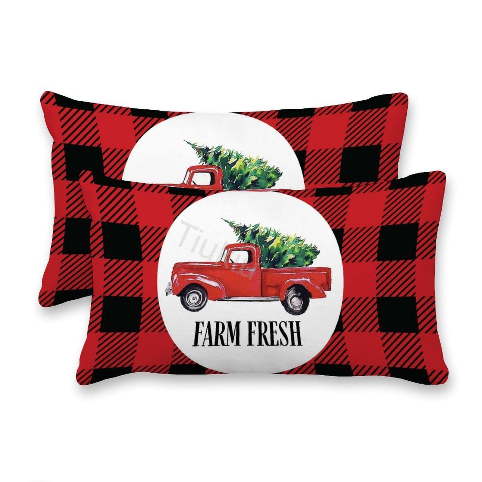 2 Pack Canvas Christmas Truck Buffalo Plaid Lumbar Pillow Covers - 14x24 Inch Decorative Throw Pillow Cases for Couch, Sofa, Bed & Living Room - Perfect for Holiday Home Decor and Seasonal Accents