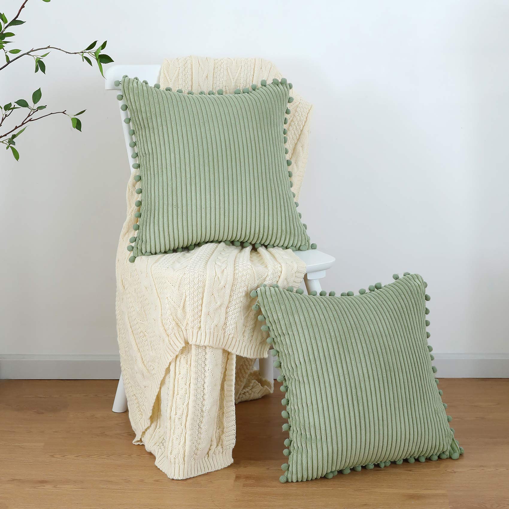 Sage Green Boho Throw Pillow Covers 20x20 Inch - Soft Striped Farmhouse Decorative Cushion Covers with Pom Poms - Set of 2 for Couch, Sofa, Bed, Chair & Outdoor Use - Perfect for Living Room, Patio & Home Decor