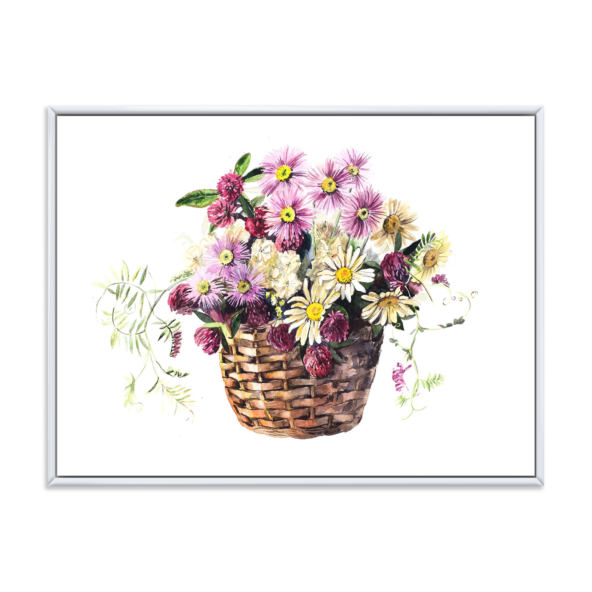 Traditional Framed Canvas Wall Art Print - Meadow Flower Bouquet in Basket Decor | Perfect for Living Room, Bedroom & Office Wall Decor