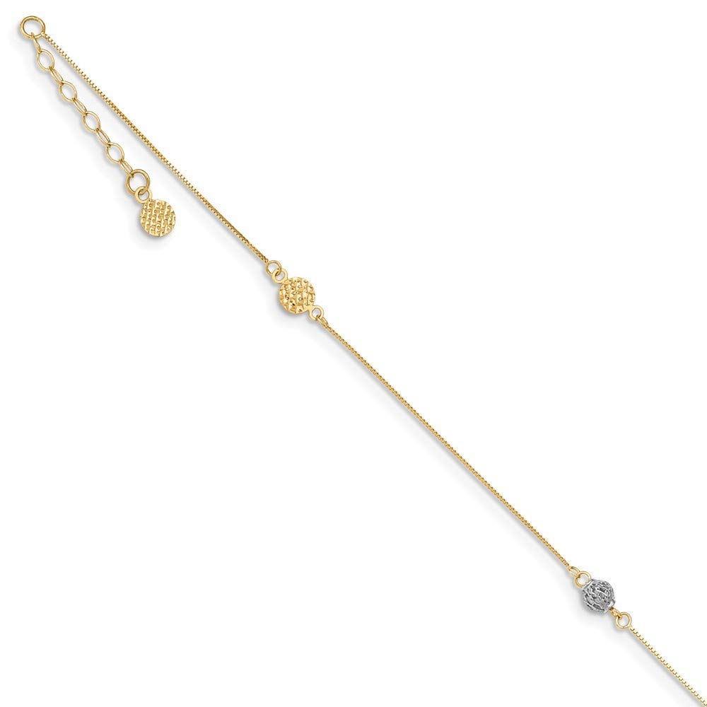 Roy Rose Jewelry 14K Two-Tone Gold Puff Circle Anklet with 1 Inch Extension - Adjustable 10 Inch Ankle Chain Bracelet for Women, Perfect for Beach Vacations and Summer Outfits