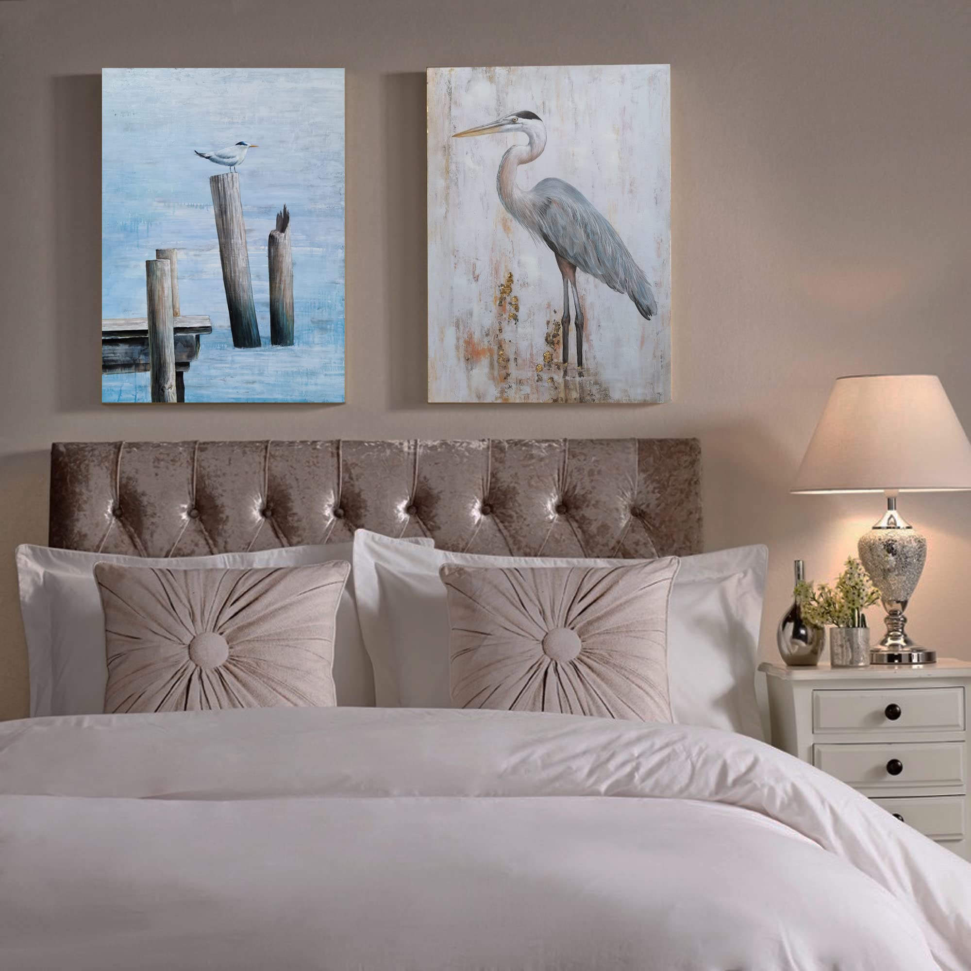 Blue Heron Wall Art - Gold Foil Beach Bird Painting for Home Decor | Coastal Themed Wall Decor for Living Room, Bedroom & Bathroom | Perfect for Beach House & Nature Inspired Interior Design
