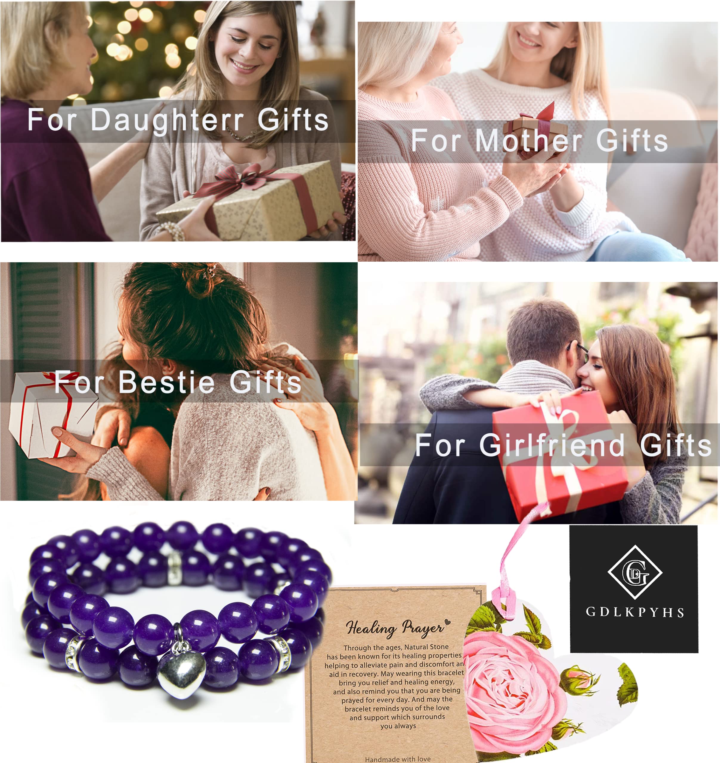 Amethyst Healing Bracelet for Women - 8mm Natural Stone Stress Relief Yoga Beads with Healing Prayers - Perfect Get Well Soon Gift for Meditation, Yoga & Spiritual Wellness