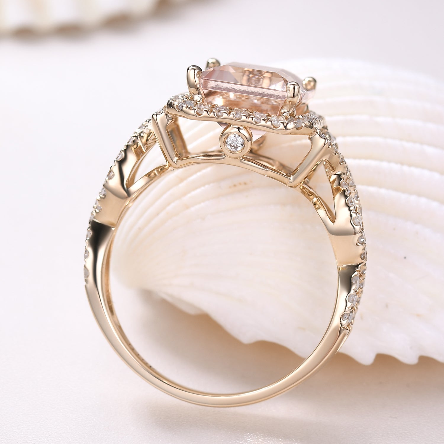 Vintage Emerald Cut Morganite Engagement Ring with Halo Diamond Split Shank Band - Elegant Wedding Jewelry for Brides, Anniversary Gifts & Proposal Scenes
