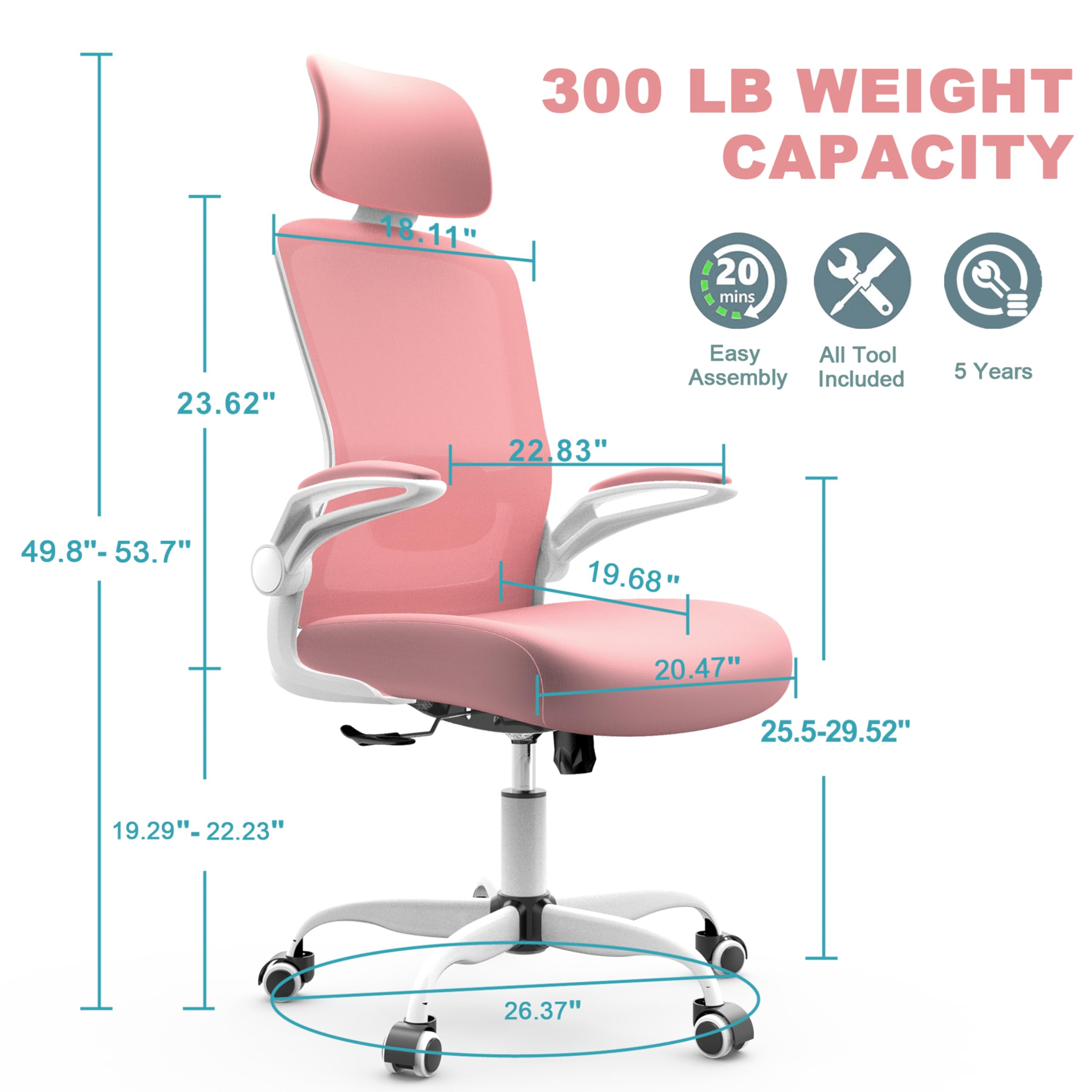 Ergonomic Office Chair with Adjustable Lumbar Support & Headrest - High Back Computer Desk Chair for Home Office, Flip-Up Armrests for Guitar Playing, Comfortable Swivel Task Chair - Perfect for Work, Gaming & Music Practice