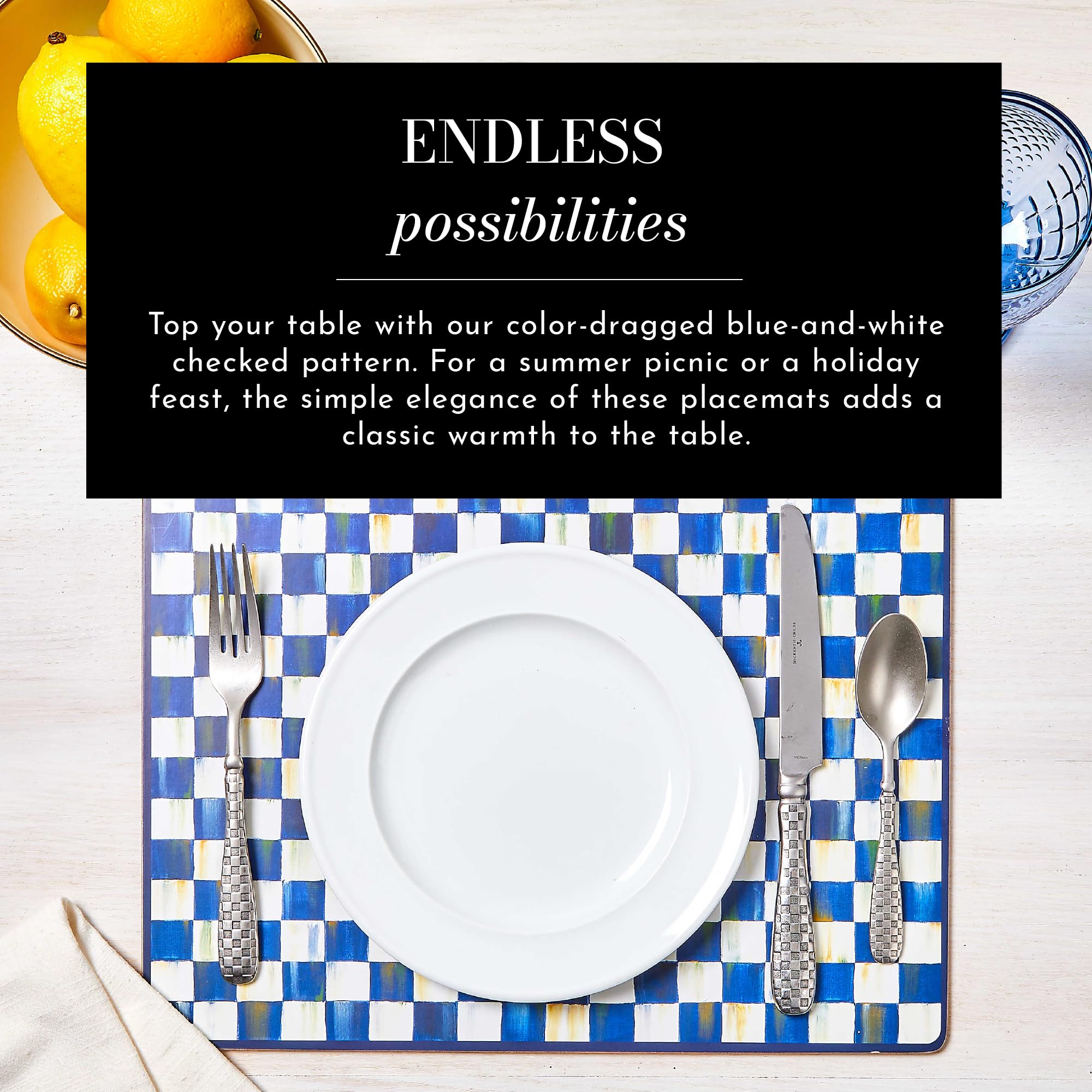Royal Check Placemat and Coaster Set by MACKENZIE-CHILDS - 4 Placemats & 4 Coasters, Durable Hard Finish - Perfect for Formal Dining, Holiday Tablescapes & Elegant Home Decor