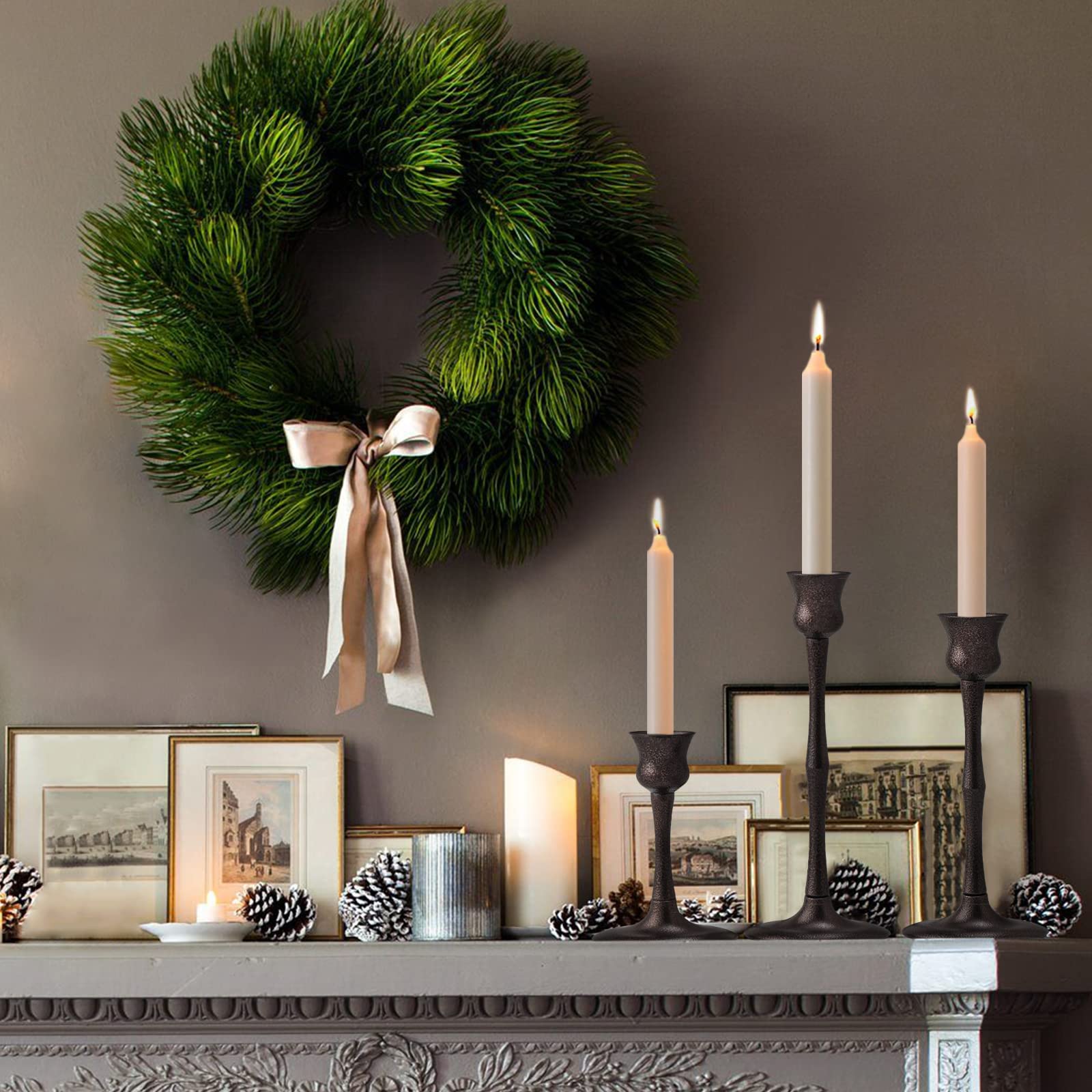 3-Pack Metal Candlestick Holders Set - Elegant Taper Candle Stand for Table Centerpiece, Fireplace Mantel & Holiday Decor - Perfect Wedding, Thanksgiving, Christmas & Housewarming Gift - Ideal for Romantic Dinners, Cozy Evenings & Festive Celebrations
