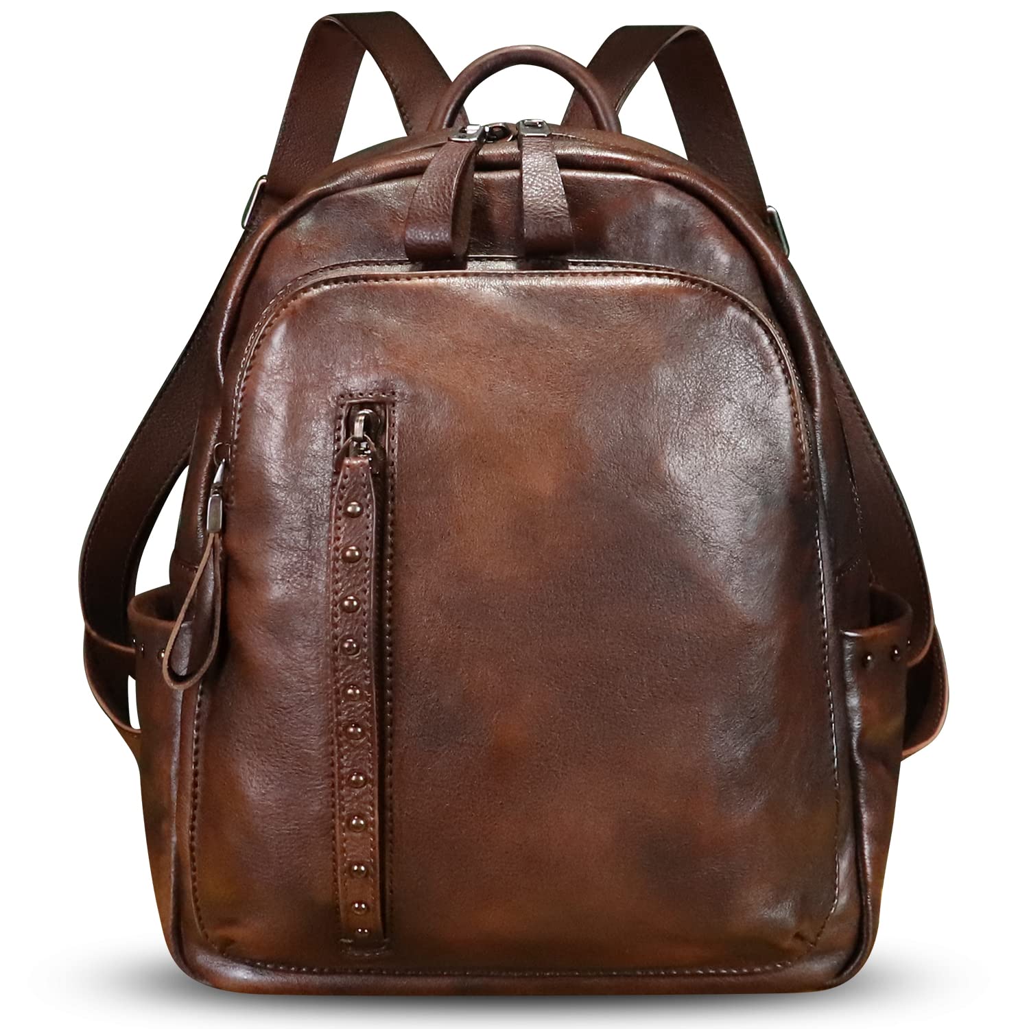Genuine Leather Backpack Purse for Women - Vintage Cowhide Daypack with Western Rivets, Handmade College Rucksack (Coffee) - Perfect for School, Travel & Casual Outings