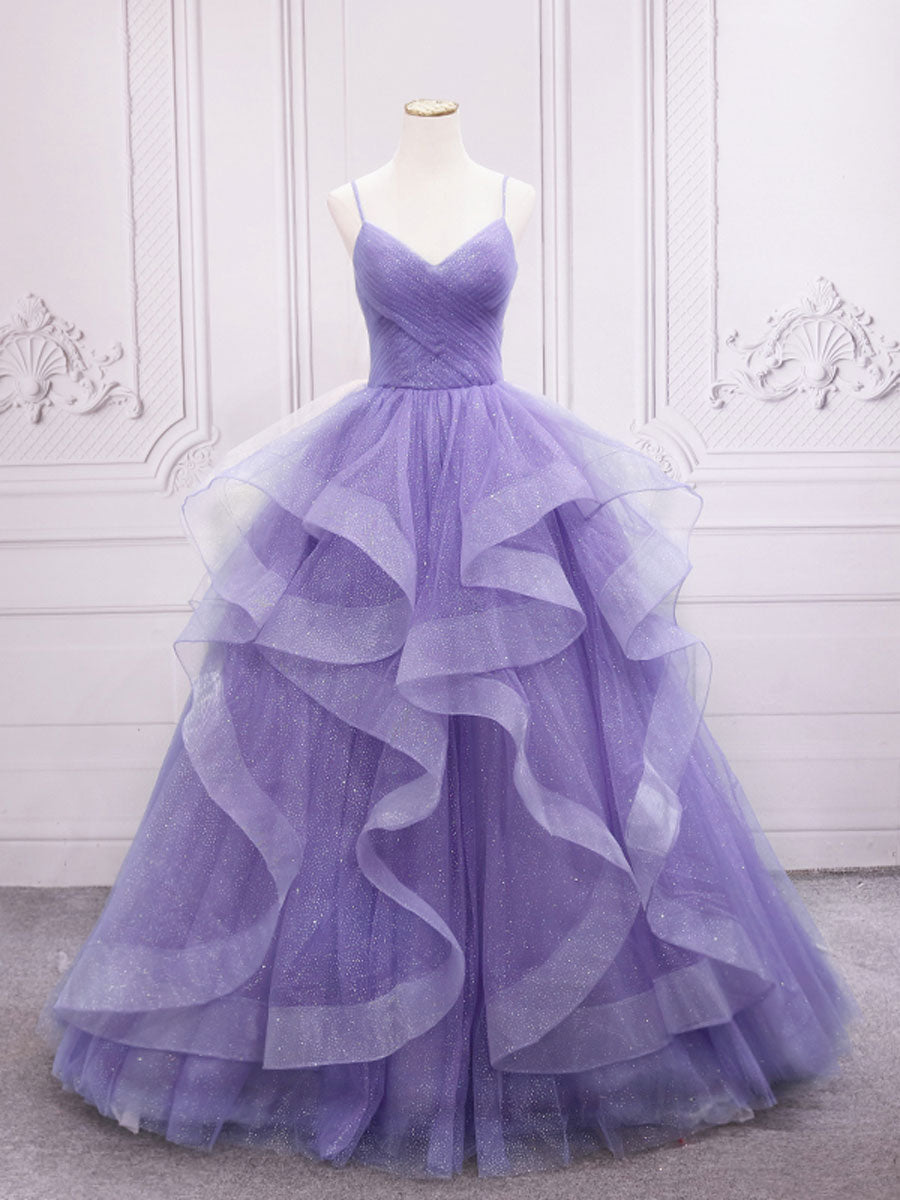 Elegant Purple V-Neck Tulle Long Prom Dress for Sweet 16 Party | Formal Evening Gown for Homecoming, Quinceañera & Special Occasions