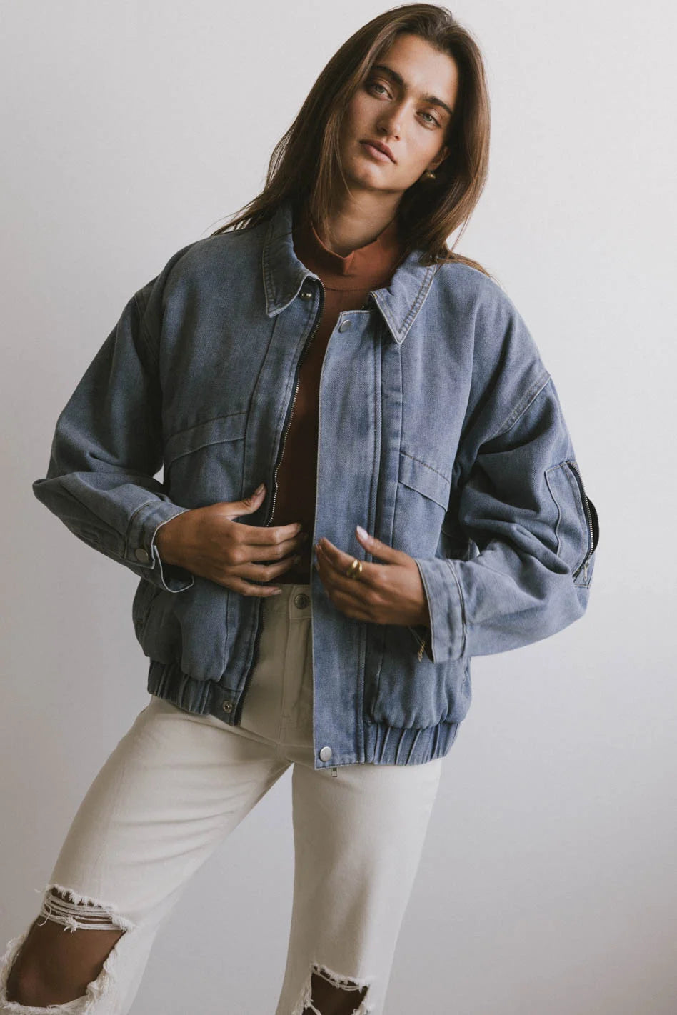 Maeve Women's Denim Bomber Jacket - Stylish Lightweight Casual Outerwear for Spring & Fall | Perfect for Everyday Wear, Date Nights & Weekend Outings