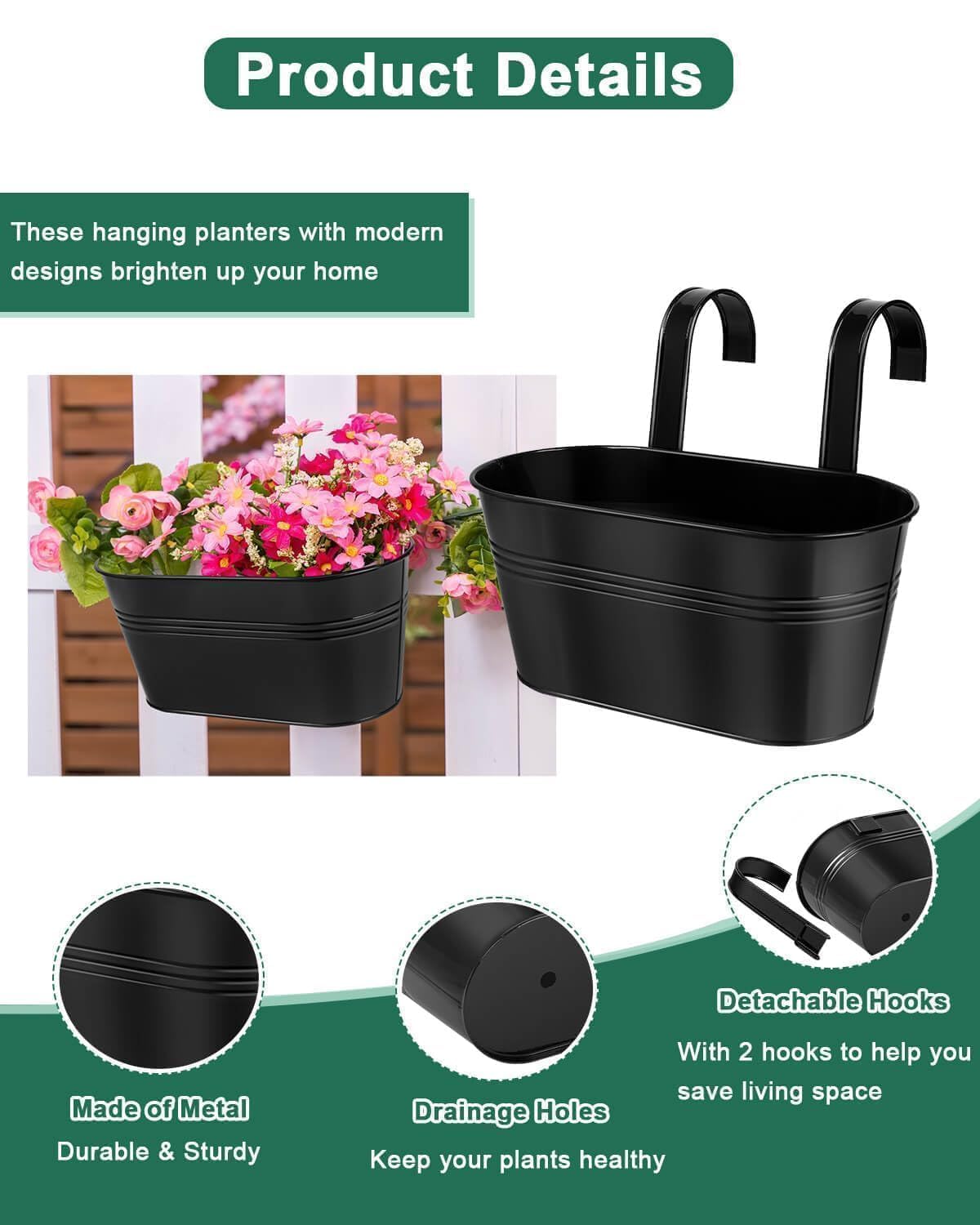 Vensovo 3-Pack Black Metal Railing Planters for Outdoor - Oval Hanging Planter Box with Detachable Hooks & Drain Holes - Perfect for Balcony, Garden Fence, Deck & Patio Decor