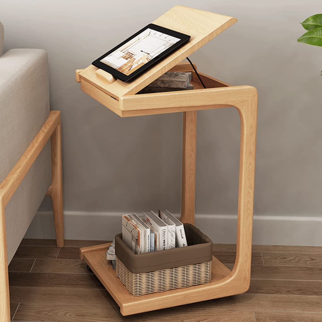 Adjustable Mobile Desk with Wheels - Solid Wood Storage Coffee Table, Bedside Table - Perfect for Home Office, Living Room & Bedroom Organization - Ideal for Remote Work, TV Snacks & Nightstand Storage
