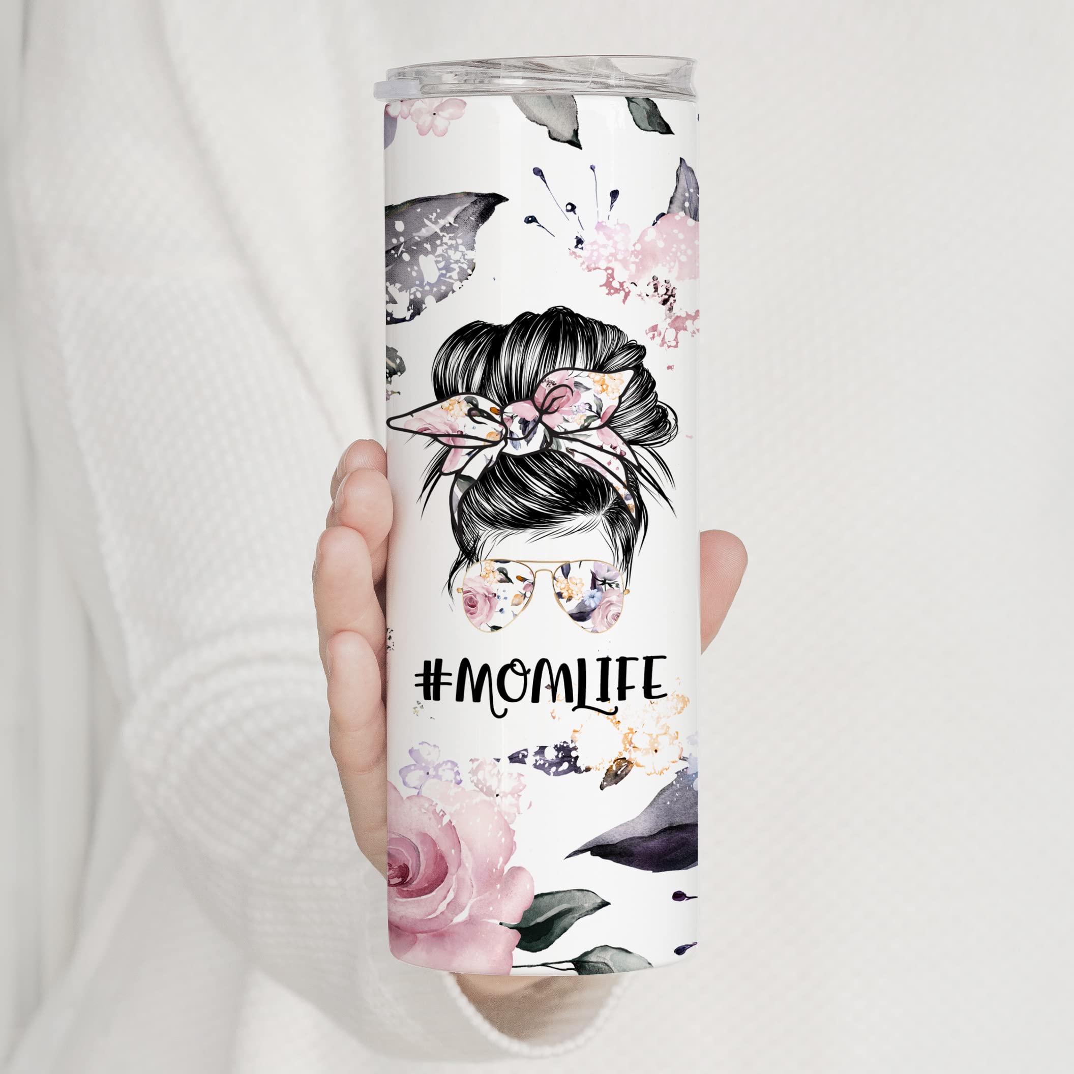 Floral Mama Tumbler 20oz - Insulated Stainless Steel Skinny Coffee Cup with Straw & Lid - Leakproof Travel Mug for Women - Perfect for Mom Life, Iced Tea & Hot Drinks at Work, Gym or Outdoors