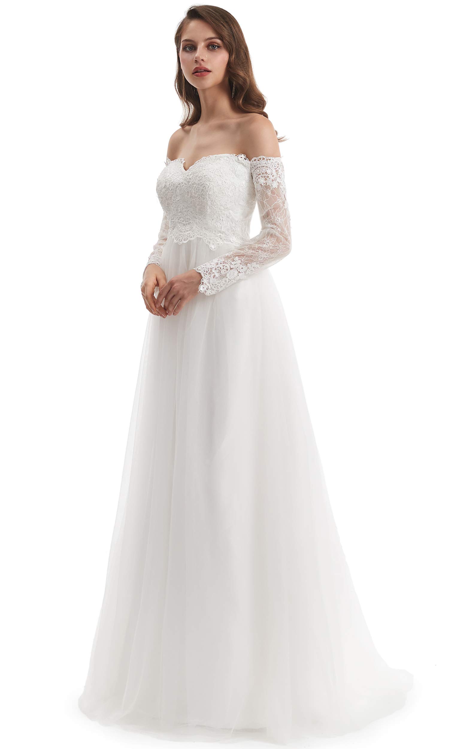 Elegant Women's Long Sleeve Lace Applique Beach Wedding Dress - Perfect for Beach Ceremonies, Destination Weddings & Romantic Photoshoots