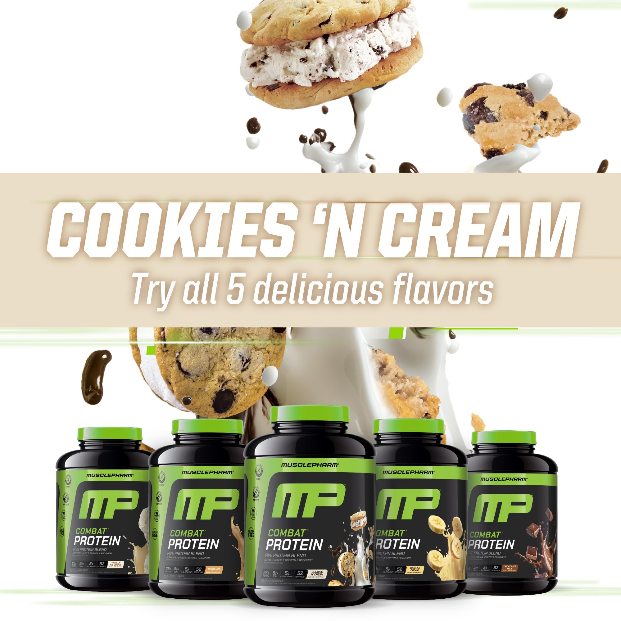 MusclePharm Combat Protein Powder - Cookies 'N' Cream Flavor | 5 Protein Sources (Whey Isolate & Egg Albumin) | Gluten Free | 4lb (52 Servings) | Post-Workout Recovery & Muscle Growth Supplement for Athletes & Fitness Enthusiasts
