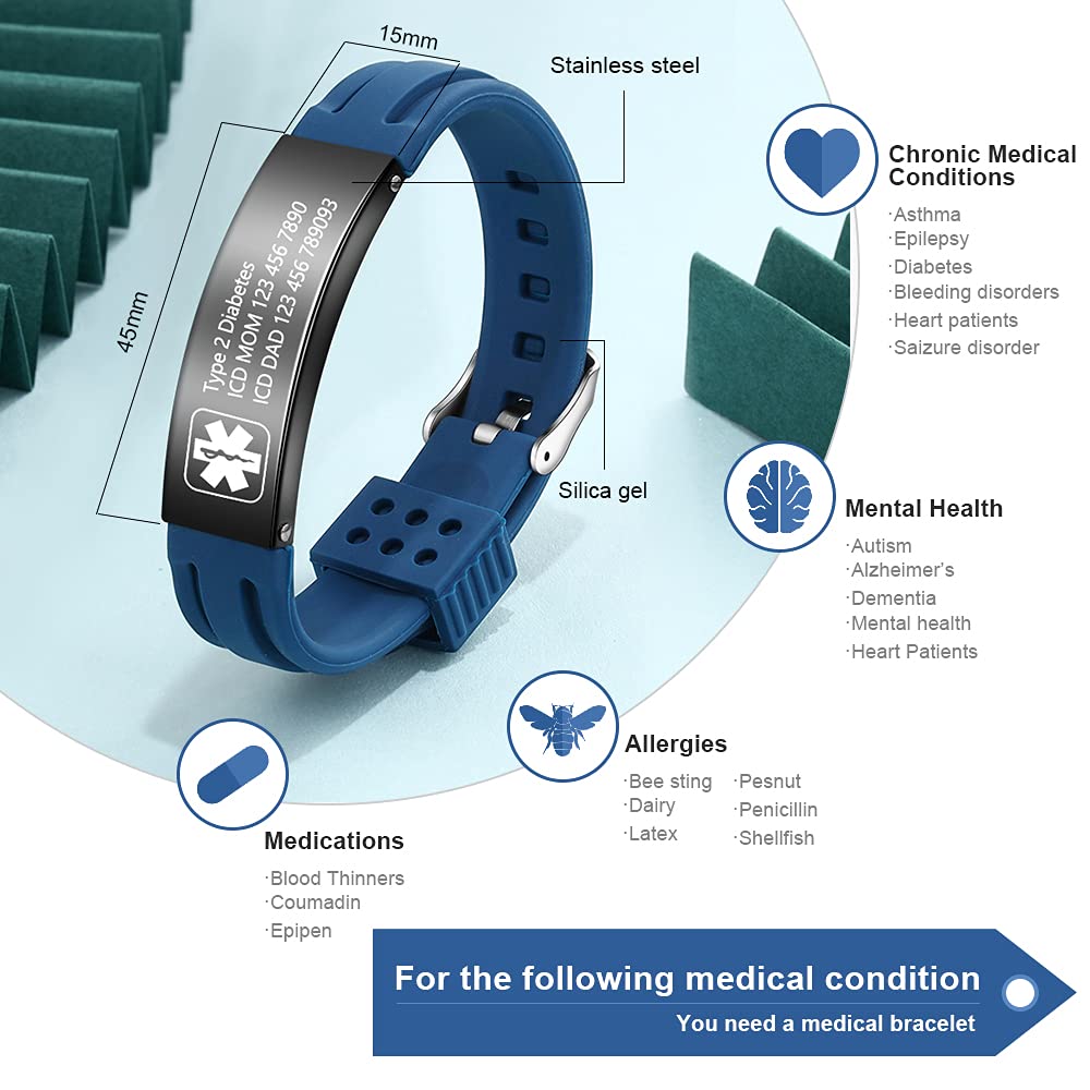 OPALSTOCK Personalized Silicone Medical ID Bracelet - Adjustable Sport Emergency Bracelet with Engraving, 9 Inch Waterproof Wristband for Men & Women - Perfect for Running, Hiking, Travel and Medical Alert Identification