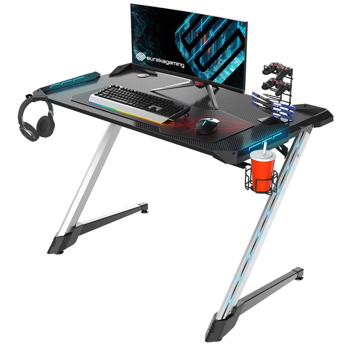 EUREKA ERGONOMIC Z1S PRO 44.5 Inch RGB LED Gaming Desk - Z-Shaped Ergonomic Computer Desk with Cup Holder, Headset Hook & Mouse Pad for Home Office & PC Gaming Setup - Silver (Perfect for Streamers & Esports Enthusiasts)