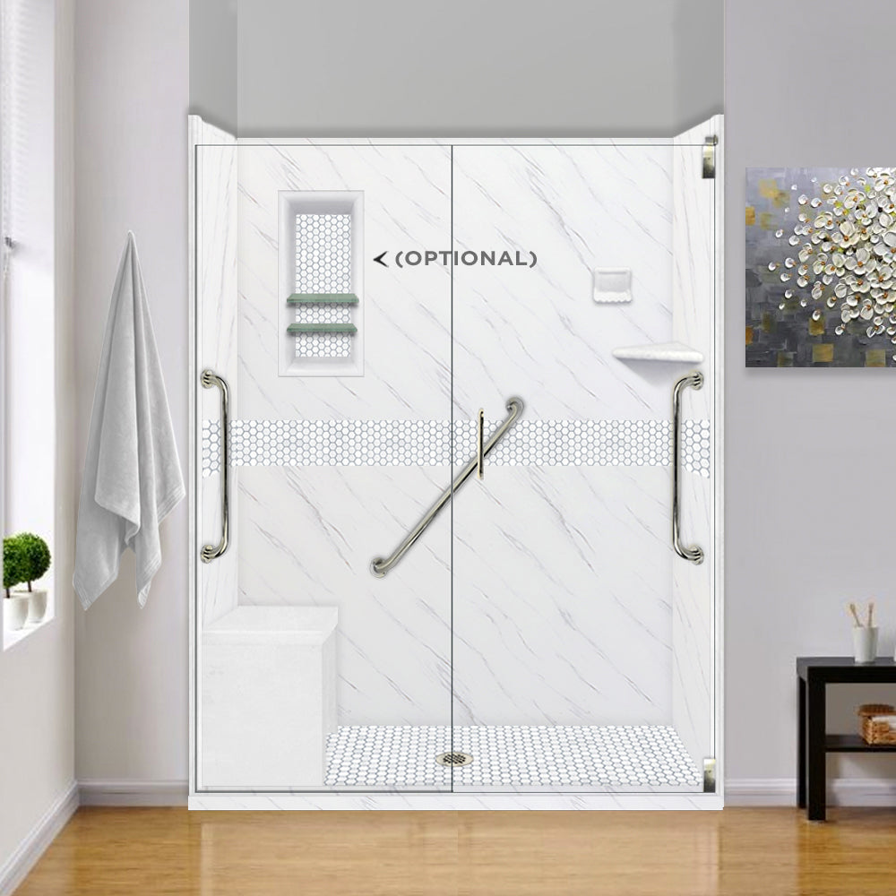 Freedom 60 Alcove Carrara Medici Marble & Pearl Hex Mosaic Tile - DIY Shower Remodel Kit for Bathroom & Backsplash Upgrade | Waterproof & Easy Installation
