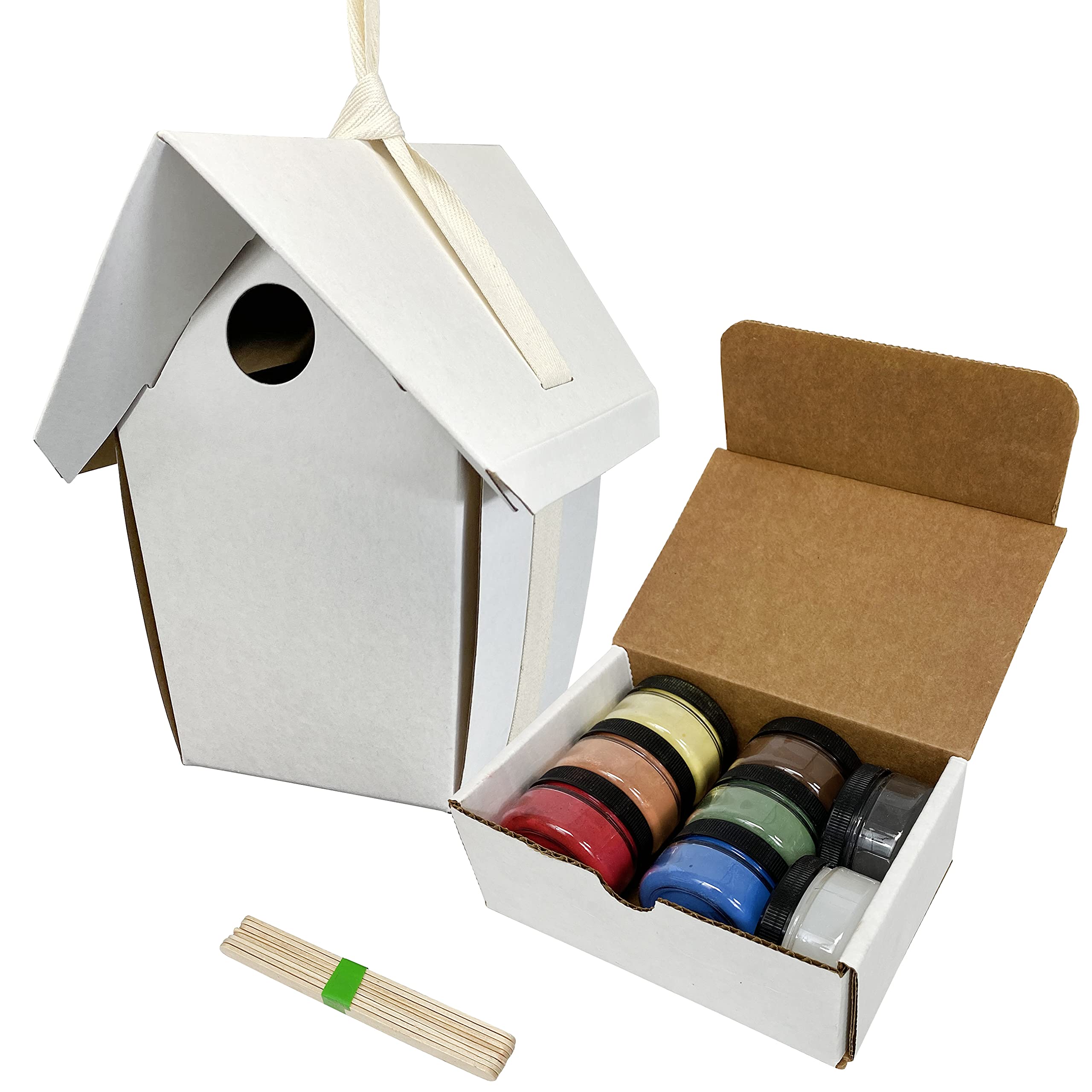 BestNest GreenBird Club - Pack of 6 Eco-Friendly Wooden Bird Houses with Non-Toxic Milk Paint Powders for Garden, Backyard & Outdoor Decoration - Attract Wild Birds Naturally