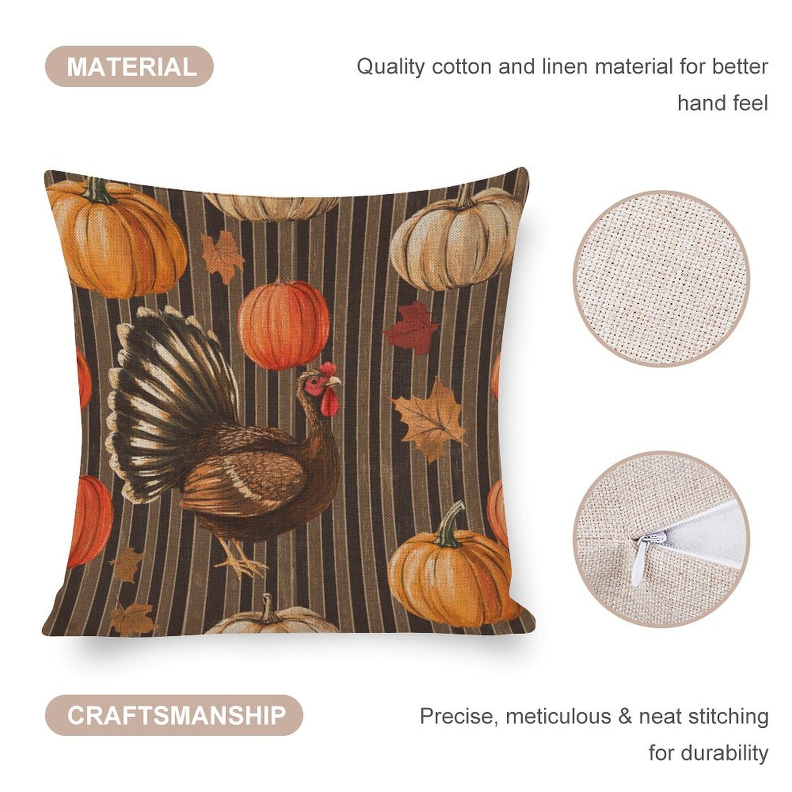 Thanksgiving Turkey Squash Autumn Harvest Pillow Cover 22x22 Inch - Farmhouse Decor with Maple Leaves for Sofa, Couch & Home Decor | Cozy Fall & Thanksgiving Decoration