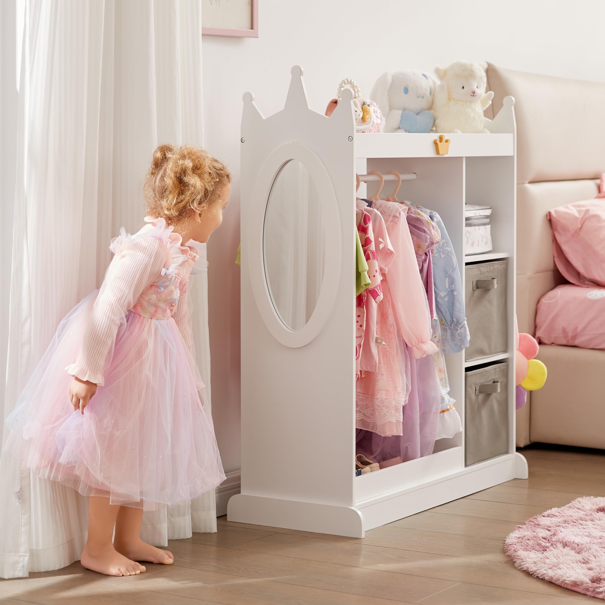 Kids Dress Up Storage Mirror with 2 Bins & Cloth Hanger - Play Armoire Dresser Pretend Closet for Bedroom - Perfect for Organizing Costumes, Toys & Accessories