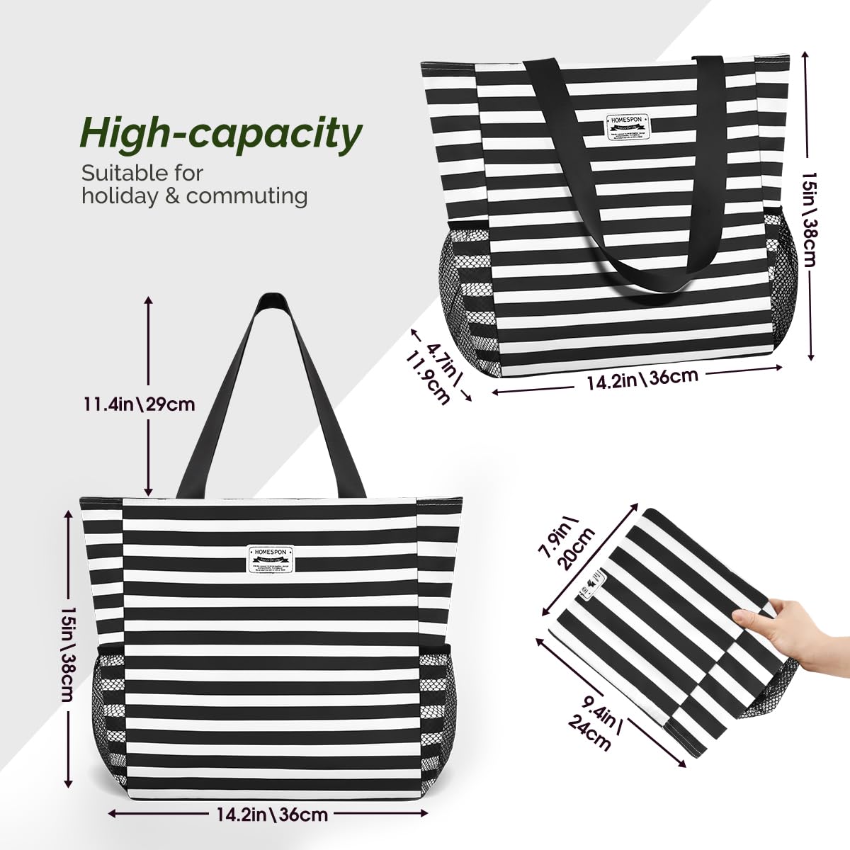 Waterproof Beach Tote Bag for Women - Large Sandproof Zippered Pool Bag with Pockets - Perfect for Travel, Gym, Vacation & Summer Outings