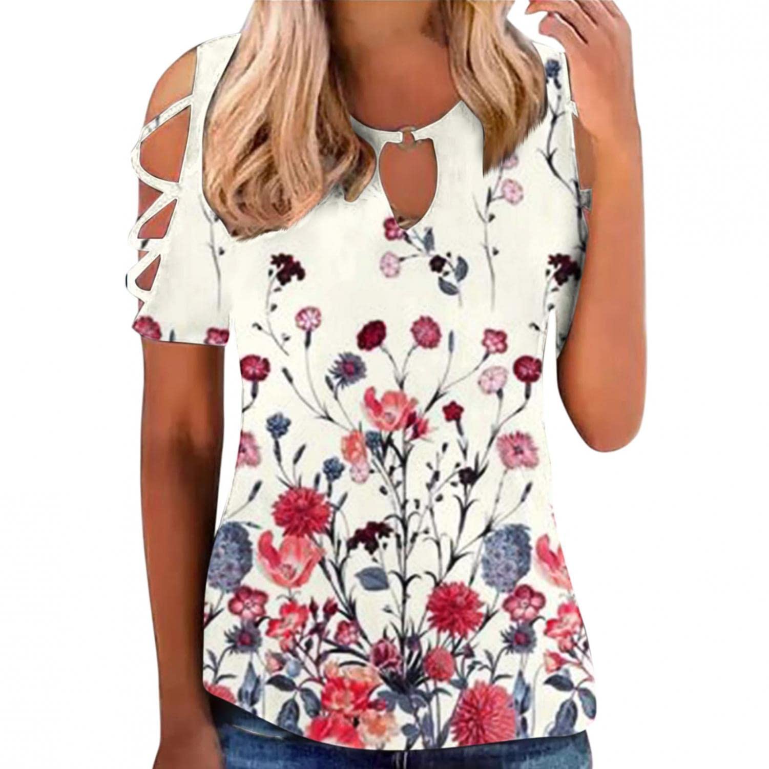 Sexy Casual Summer Tops for Women - Hollow Out Short Sleeve Keyhole Blouse with Floral Print | Perfect for Beach Outings, Date Nights & Summer Vacations