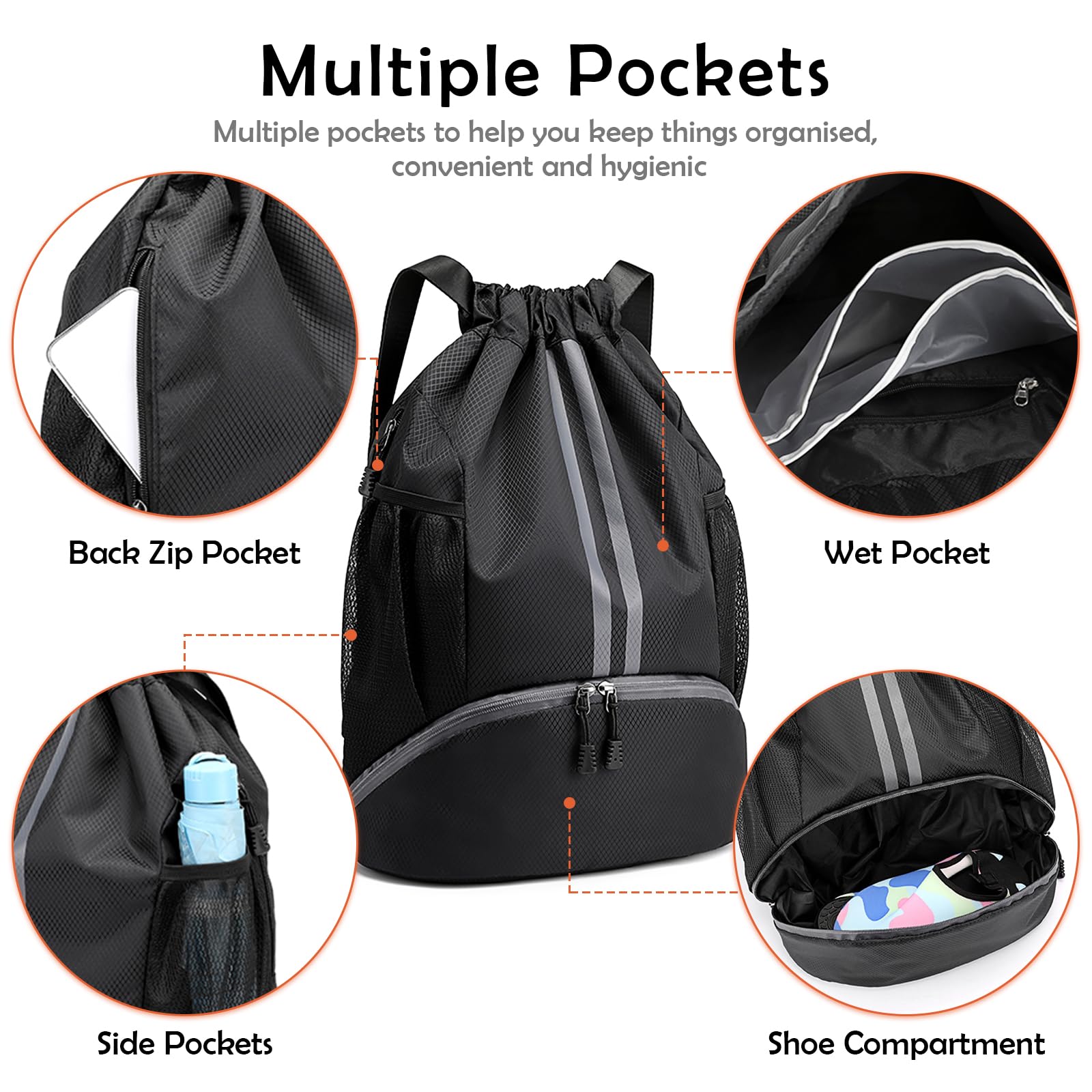 **Waterproof Drawstring Backpack with Zipper, Shoe Compartment & Wet Pocket - Lightweight Gym Sack for Men & Women - Perfect for Travel, Soccer, Swimming & Workout (Black)**
