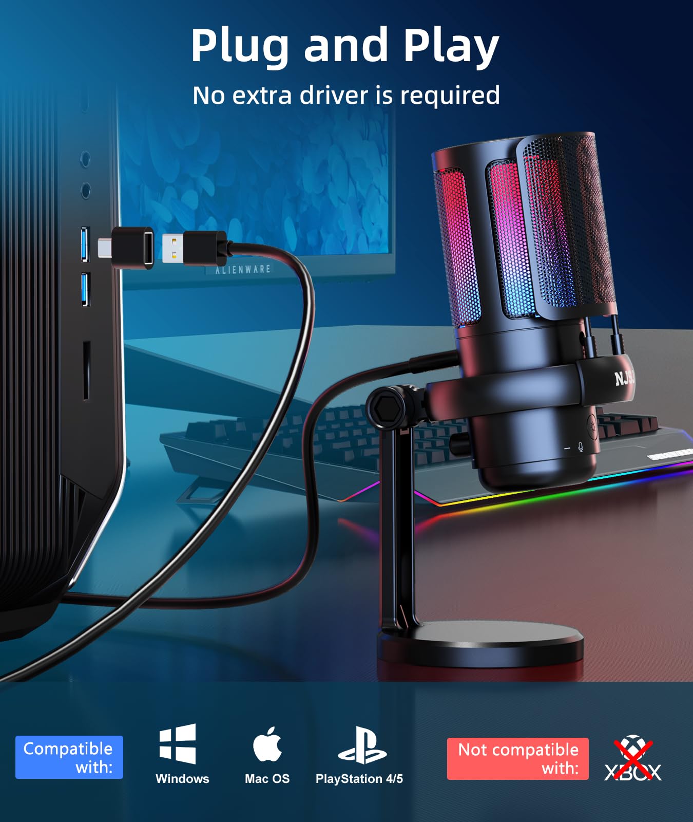 NJSJ USB Gaming Microphone with Mute Button, RGB Lighting & Audio Controls - Professional PC Mic for Podcasting, Streaming, Gaming on Laptop, Mac, PS4/PS5 - Perfect for Twitch, Discord & YouTube Content Creation