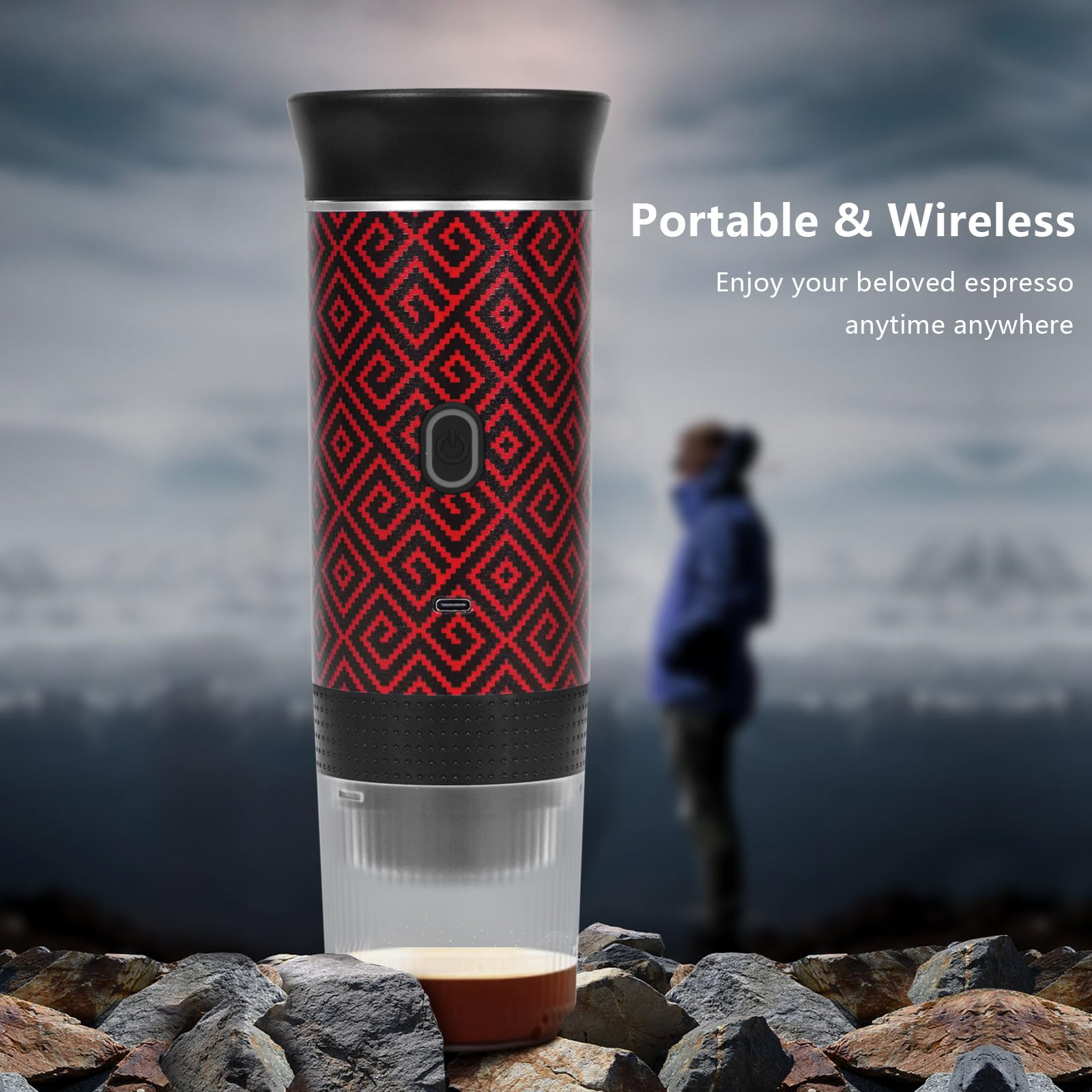 Portable Coffee Maker for Travel & Camping - Battery Powered Electric Espresso Machine with Self Heating, Works with Ground Coffee & Capsules - Perfect for RV, Hiking, Office & Outdoor Adventures (Red & Black)