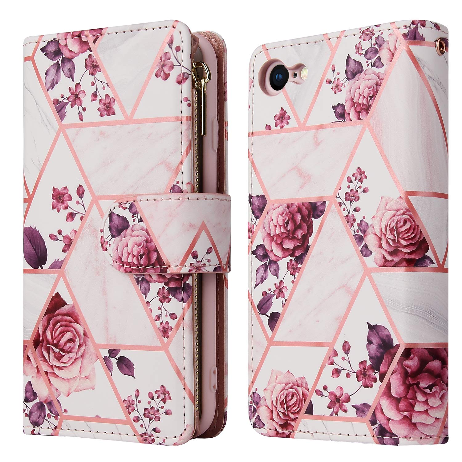 UEEBAI Premium PU Leather Wallet Case for iPhone SE 2022 5G/iPhone 7/iPhone 8/iPhone SE 2020/SE3/SE2 - Magnetic Closure, Zipper Cover, Kickstand & Card Slots (Pink Flower) | Perfect for Daily Use, Travel & Hands-Free Viewing
