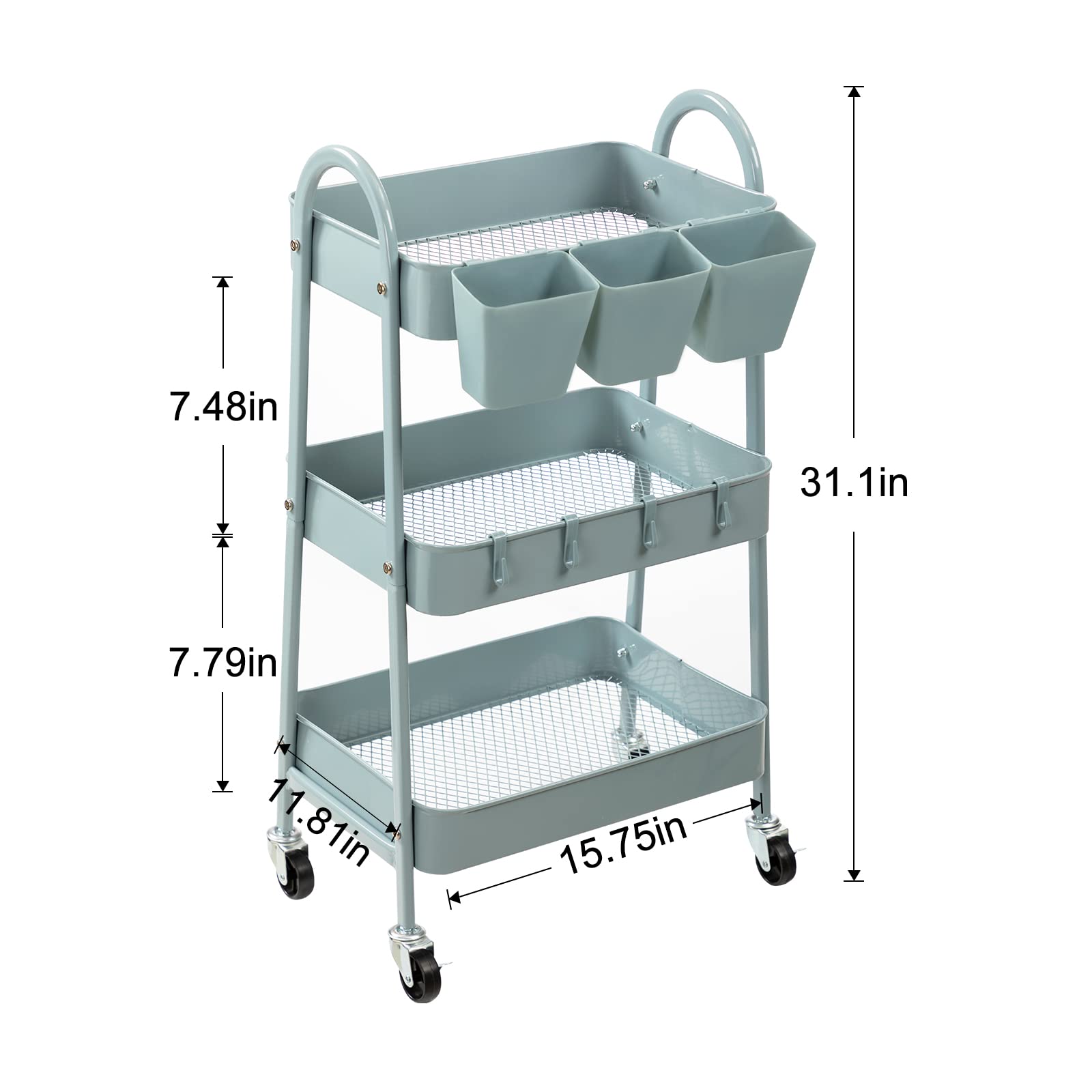 3-Tier Rolling Cart with Lockable Wheels & Hanging Hooks - Metal Storage Cart for Kitchen, Bathroom, Office & Workshop - Mobile Utility Cart in Gray Blue - Perfect for Organizing Supplies, Beauty Products & Cleaning Tools