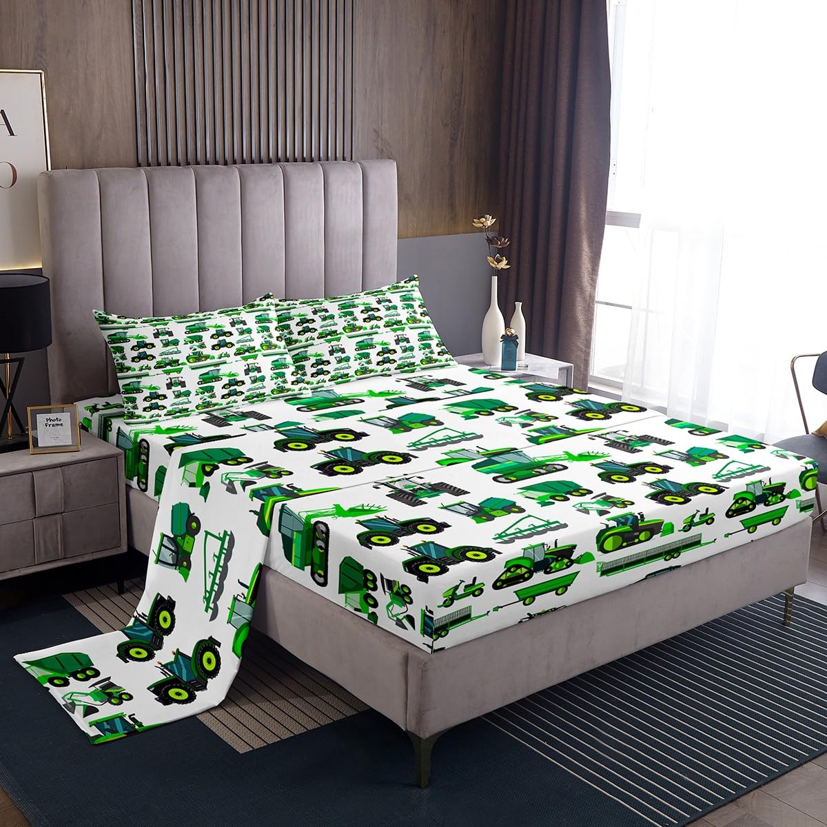 Feelyou Kids Construction Truck Bedding Set - Queen Size Excavator Car Sheet Set for Boys & Girls (Flat Sheet, Fitted Sheet, 2 Pillowcases) - Green | Durable & Comfortable Bedroom Decor for Children's Room, Playroom, or Themed Nursery