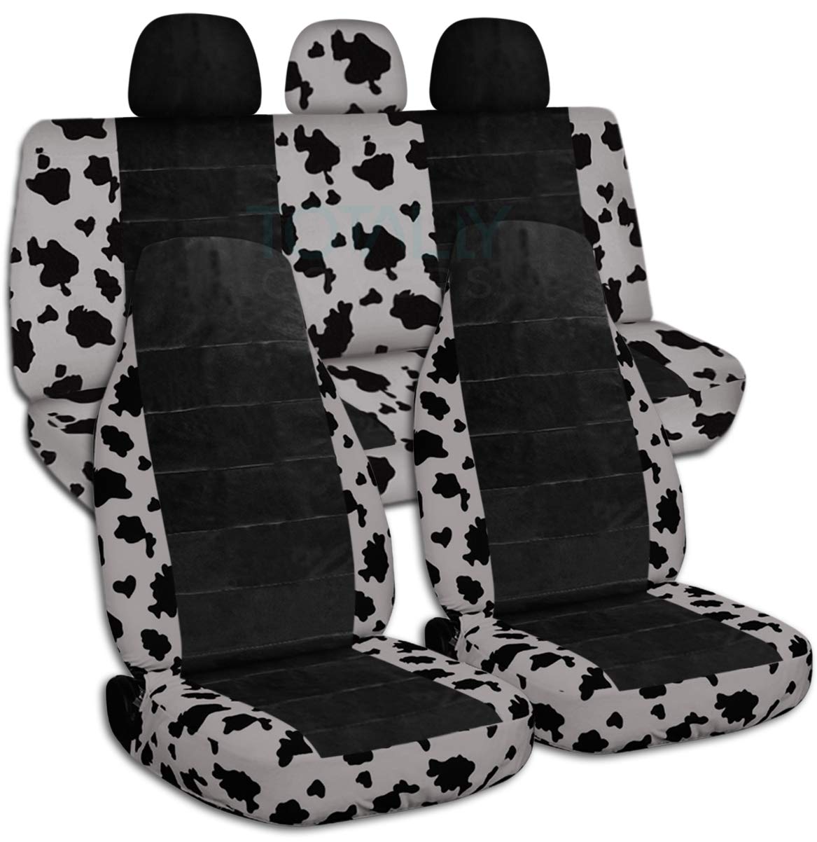 Premium Silver Cow Print Car Seat Covers - Full Set with 3 Rear Headrest Covers | Universal Fit for Cars, Trucks, Vans, RVs & SUVs | 30 Stylish Animal Prints | Durable Protection for Pets, Kids & Daily Commute