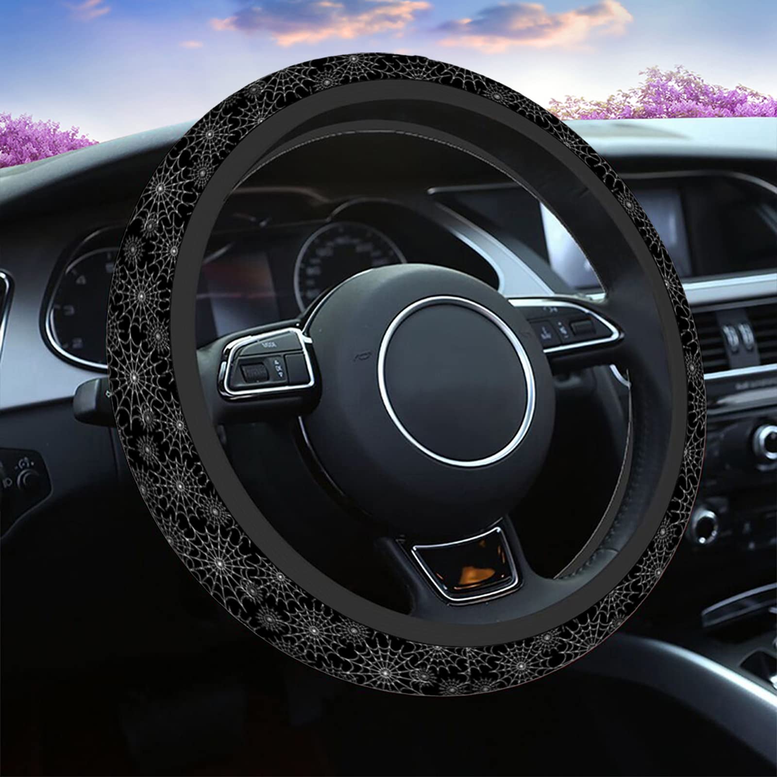 Swono Spiders Web Car Steering Wheel Cover - Universal Fit 15 Inch, Anti-Slip Fabric Protector for Cars, SUVs & Sedans | Abstract Black Web Design | Perfect for Daily Commuting & Road Trips