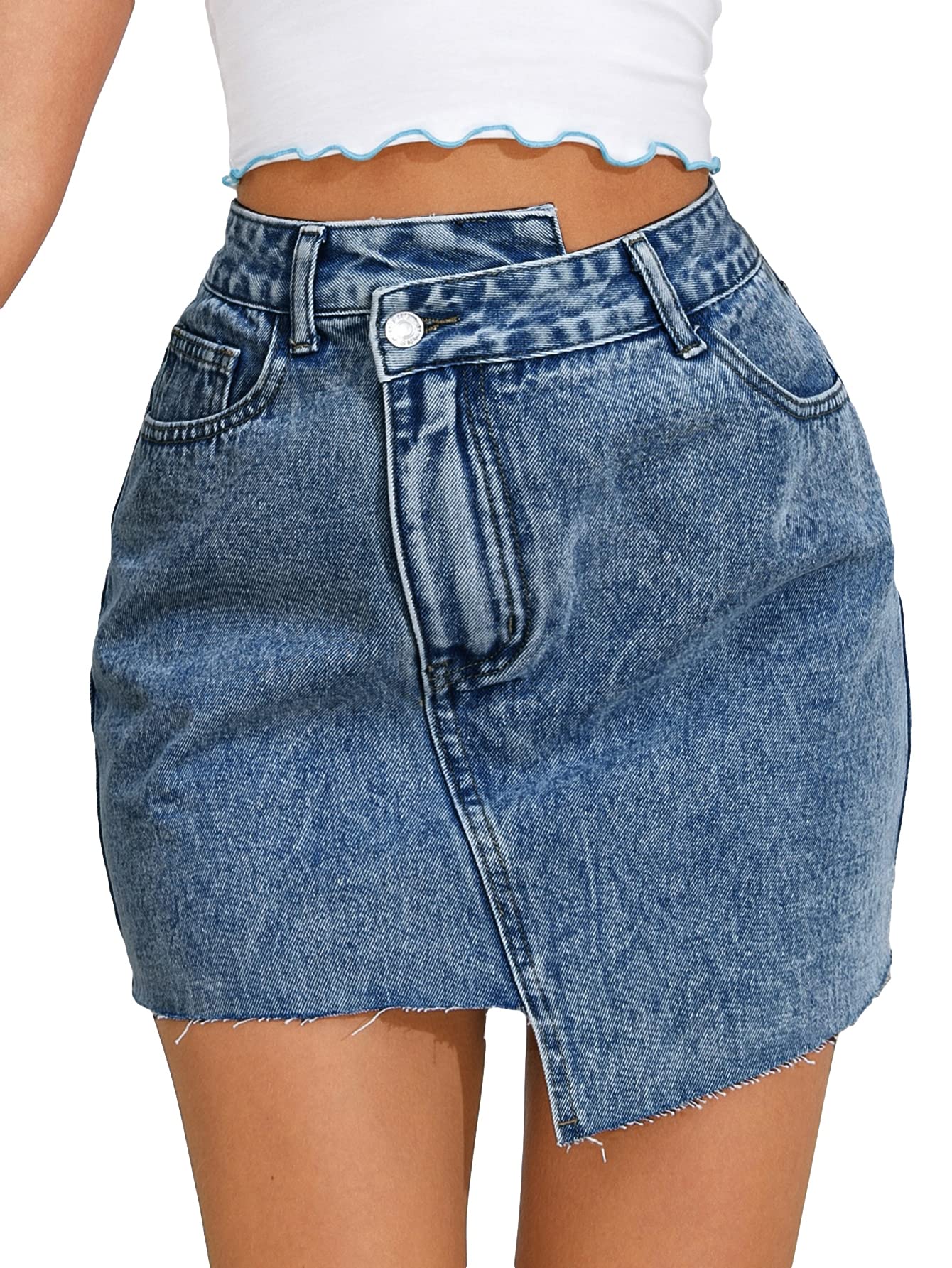 Floerns Women's Casual Asymmetrical Waist Denim Skirt with Raw Trim - High Waist Stretch Jeans Skirt for Women, Perfect for Spring Summer Outfits, Date Night, Office Wear and Casual Street Style