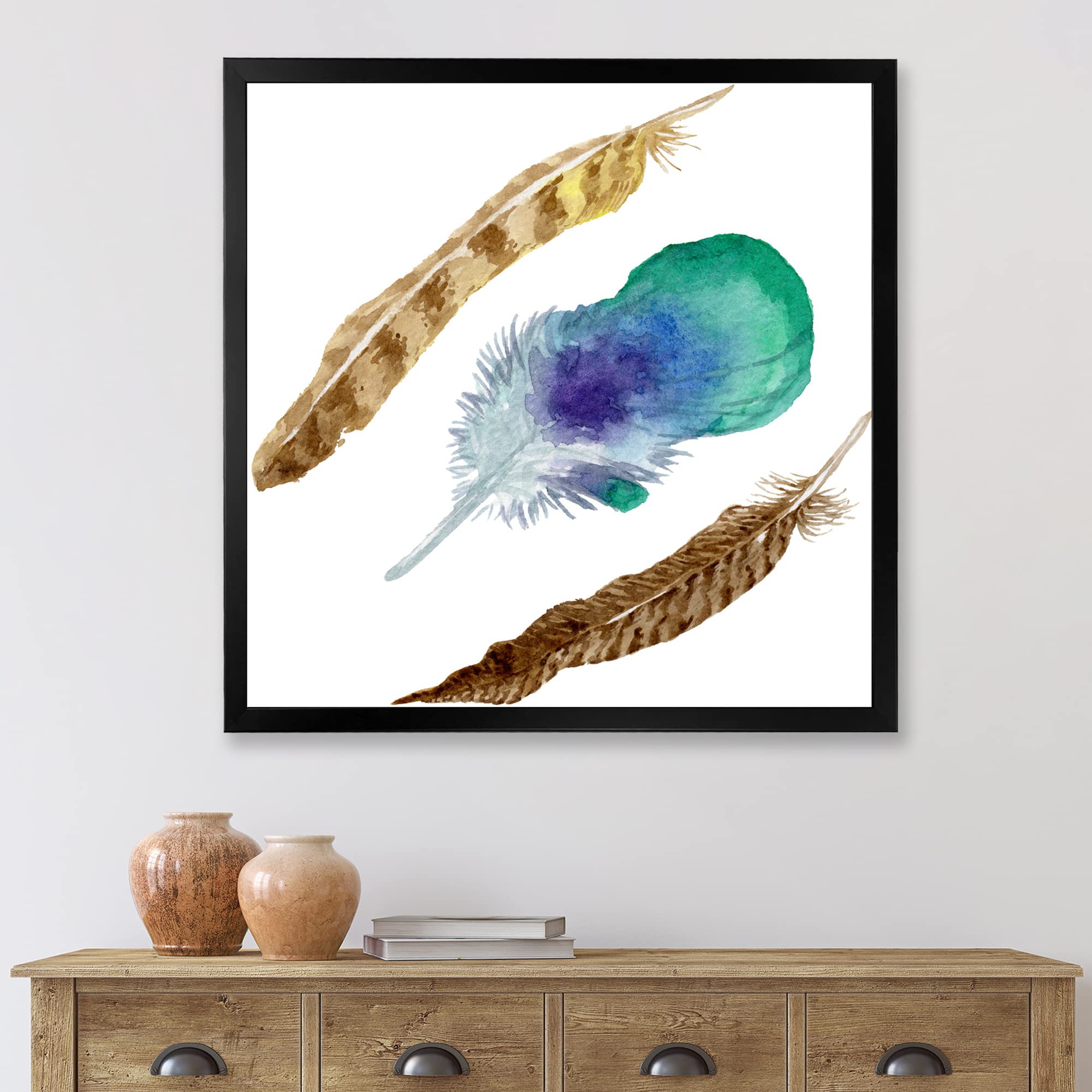 Bohemian Eclectic Framed Wall Art with Real Bird Feathers - Unique Home Decor for Living Room, Bedroom & Office