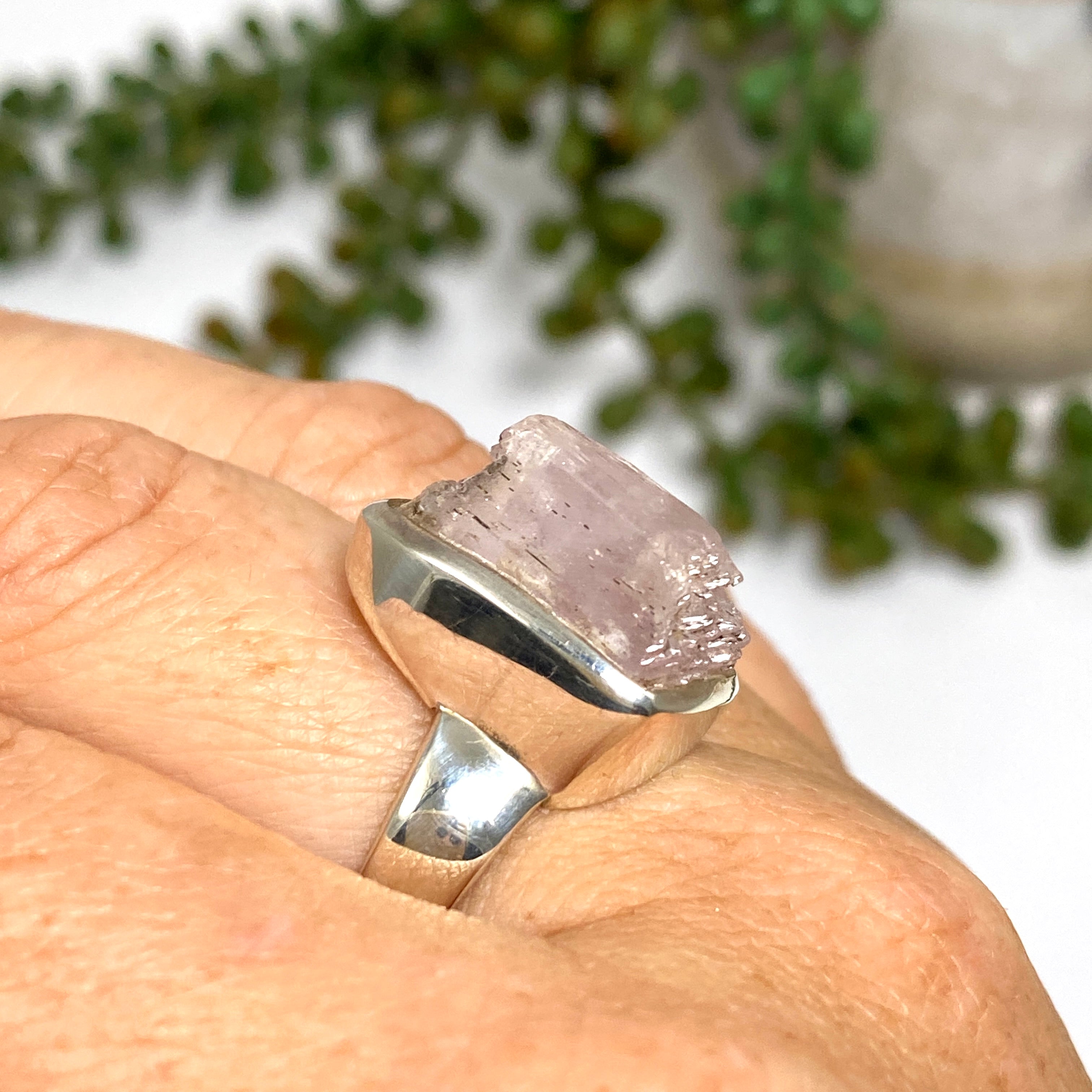 Natural Kunzite Raw Crystal Ring - Size 9 - Handmade Spiritual Jewelry - PRGJ195a - Perfect for Meditation, Energy Healing & Boho Fashion